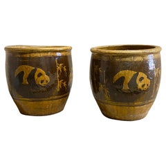 Large Chinese Pottery Bamboo and Panda Decorated Planters, Pair
