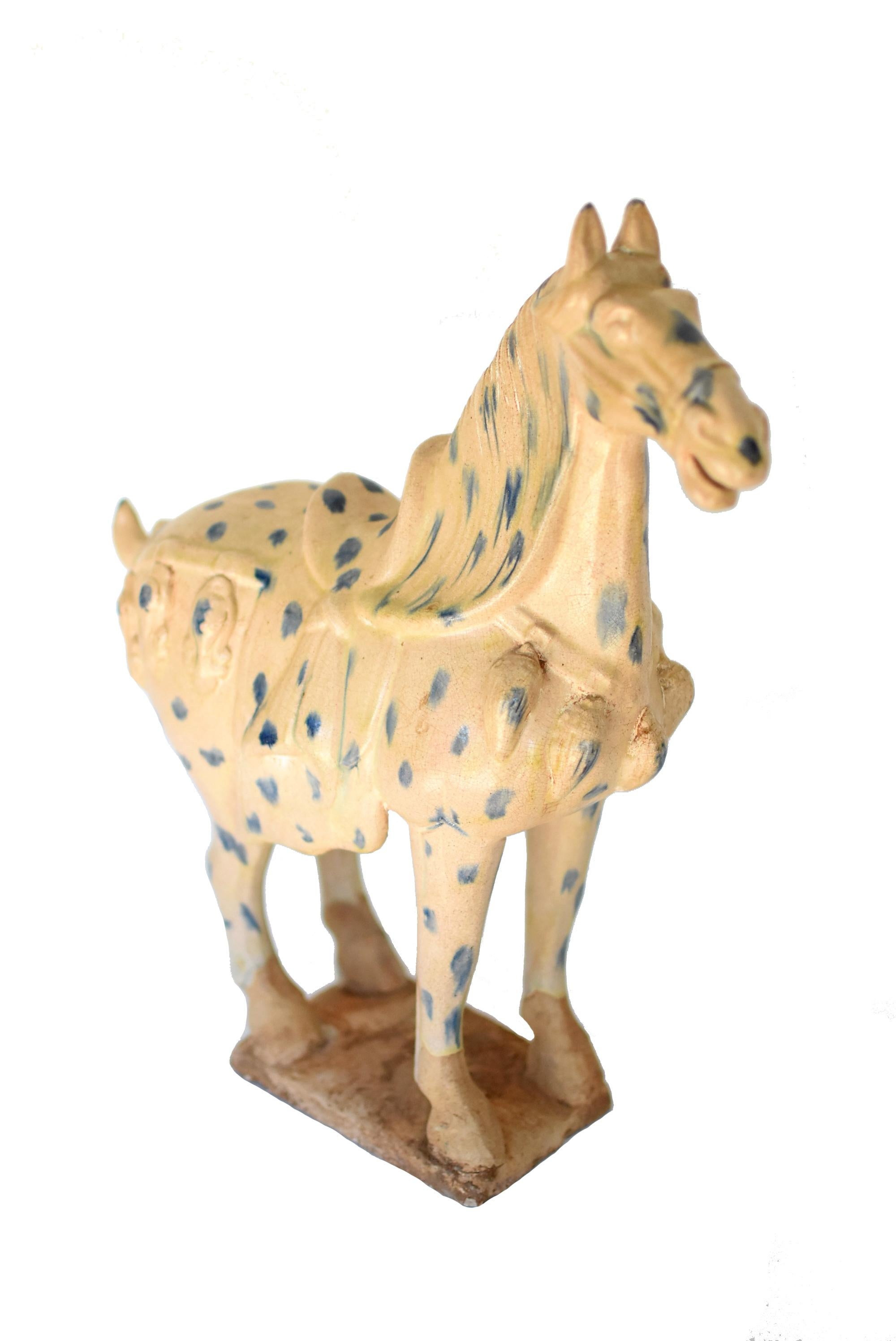Glazed Large Chinese Pottery Stallion Horse, with Blue Spots