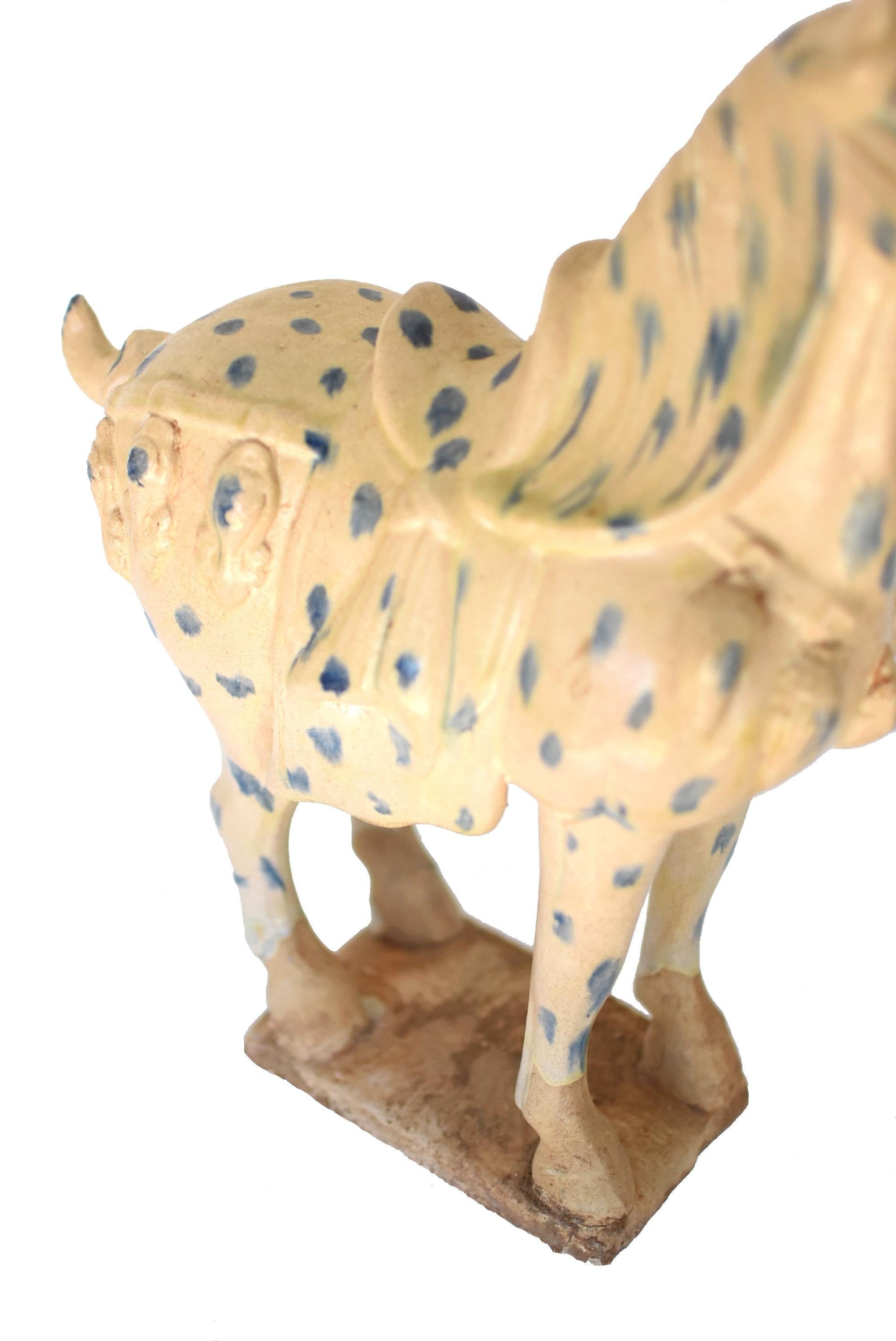 Large Chinese Pottery Stallion Horse, with Blue Spots In Good Condition In Somis, CA