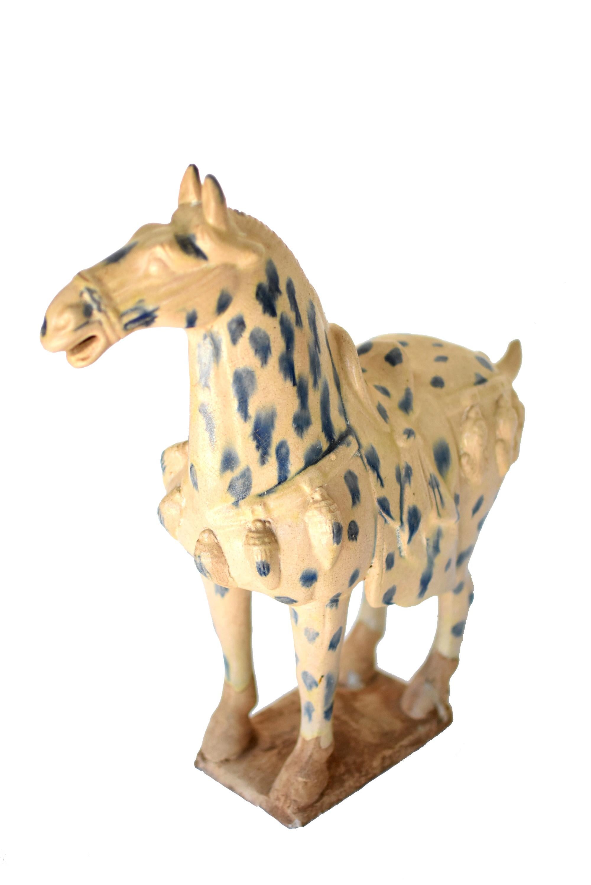 Terracotta Large Chinese Pottery Stallion Horse, with Blue Spots