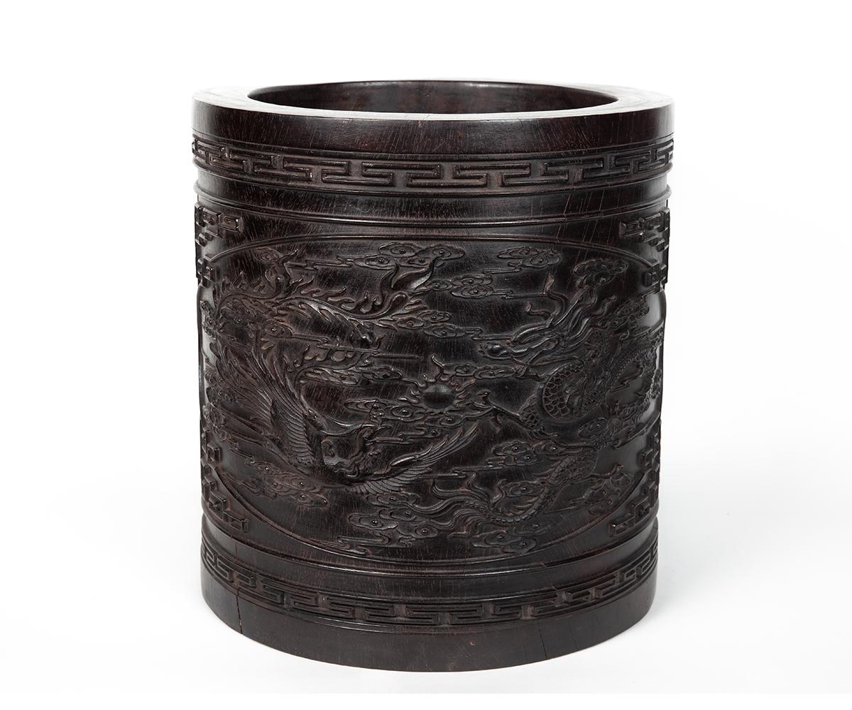 Hand-Carved Large Chinese Qing Carved Zitan Brush Pot