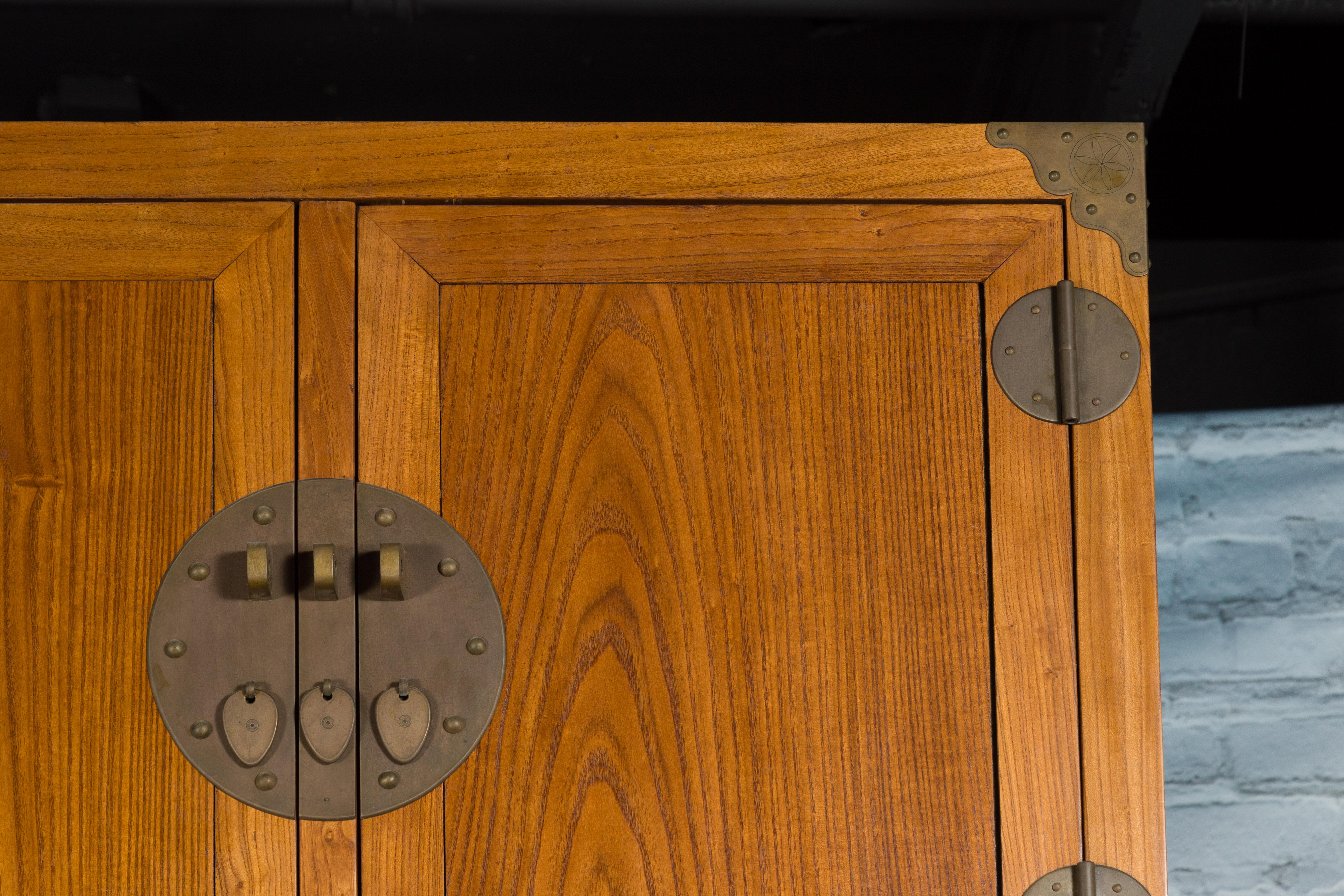 Large Chinese Qing Dynasty 1800s Oak Wood Compound Cabinet with Brass Medallions For Sale 7