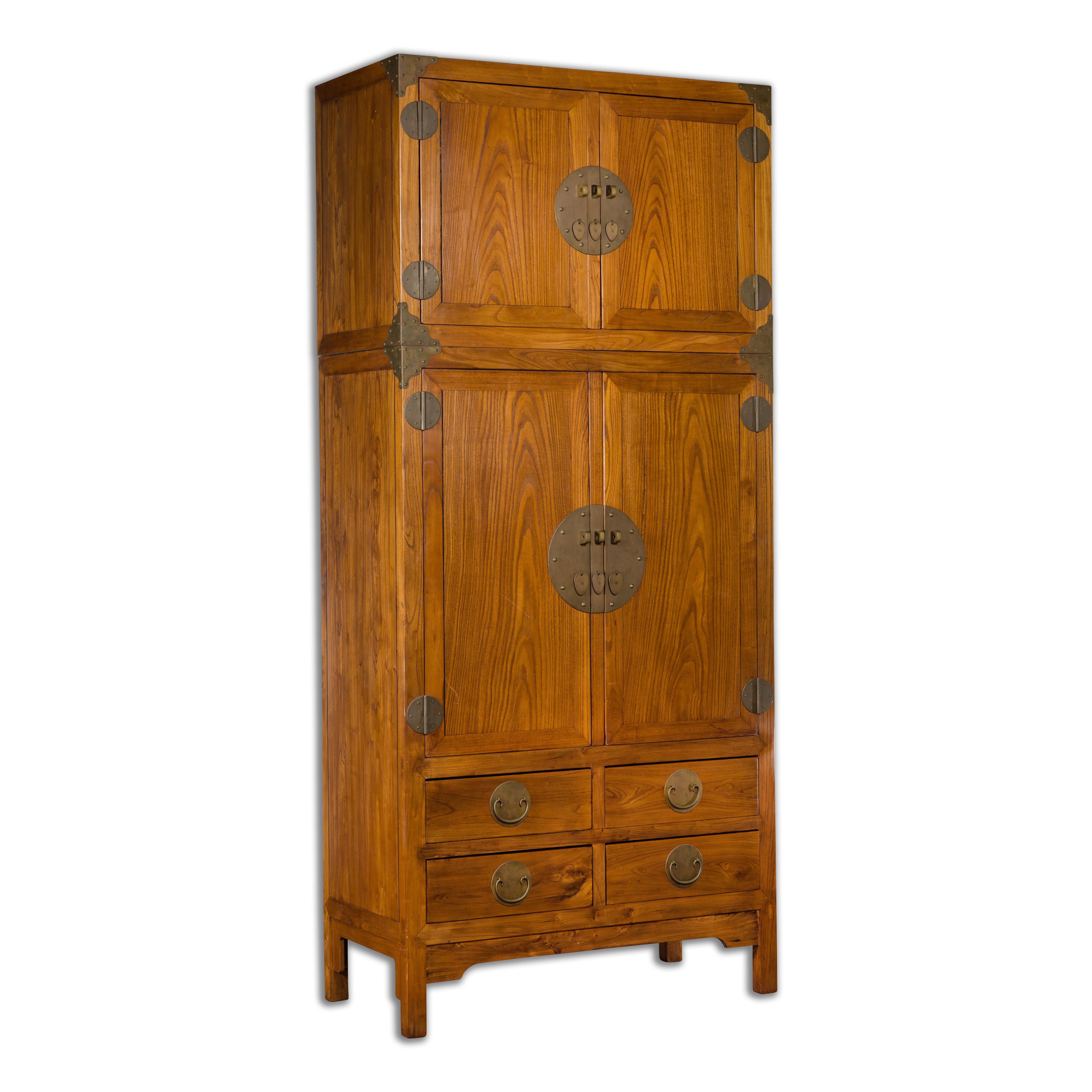 Large Chinese Qing Dynasty 1800s Oak Wood Compound Cabinet with Brass Medallions For Sale 14