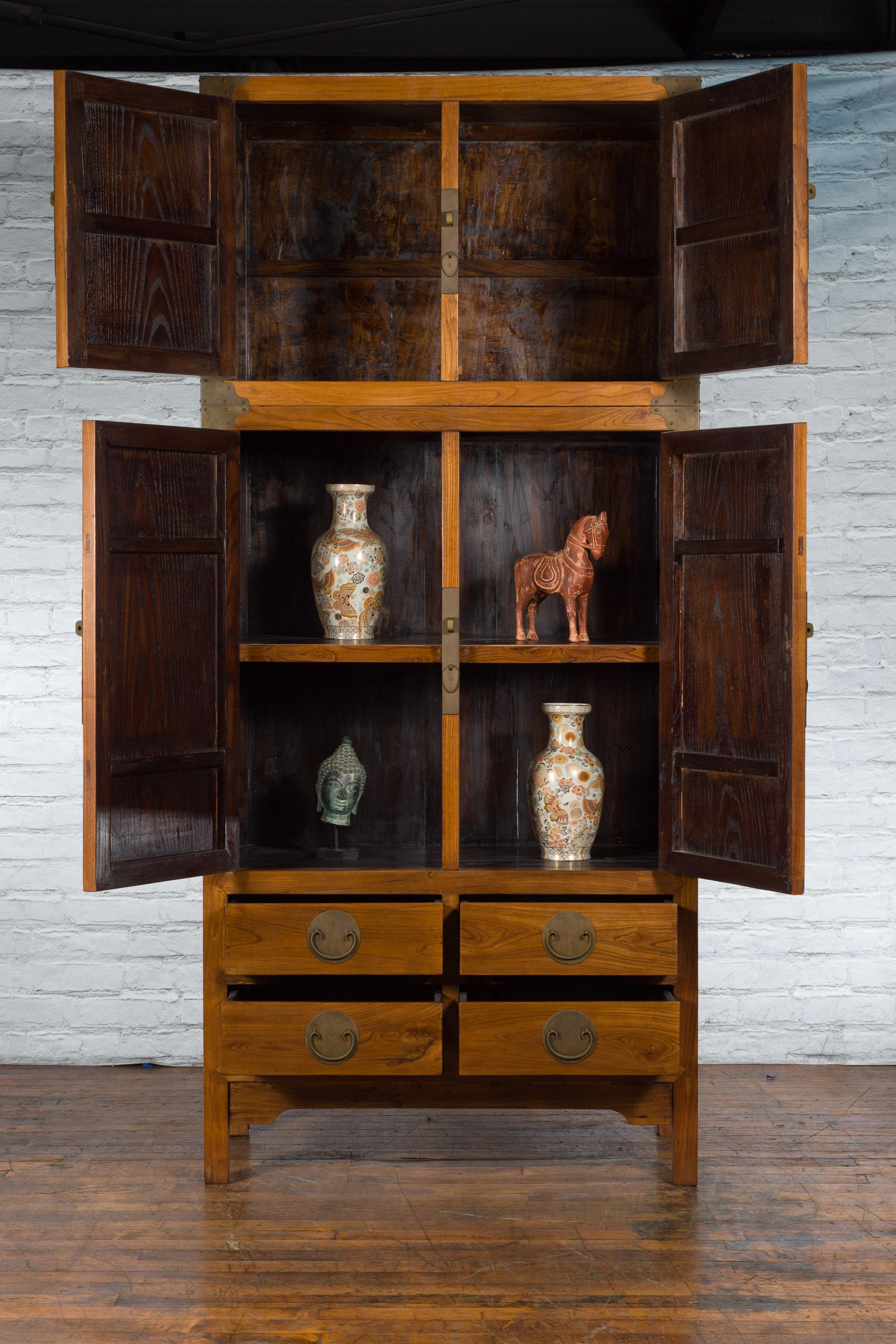 Carved Large Chinese Qing Dynasty 1800s Oak Wood Compound Cabinet with Brass Medallions For Sale