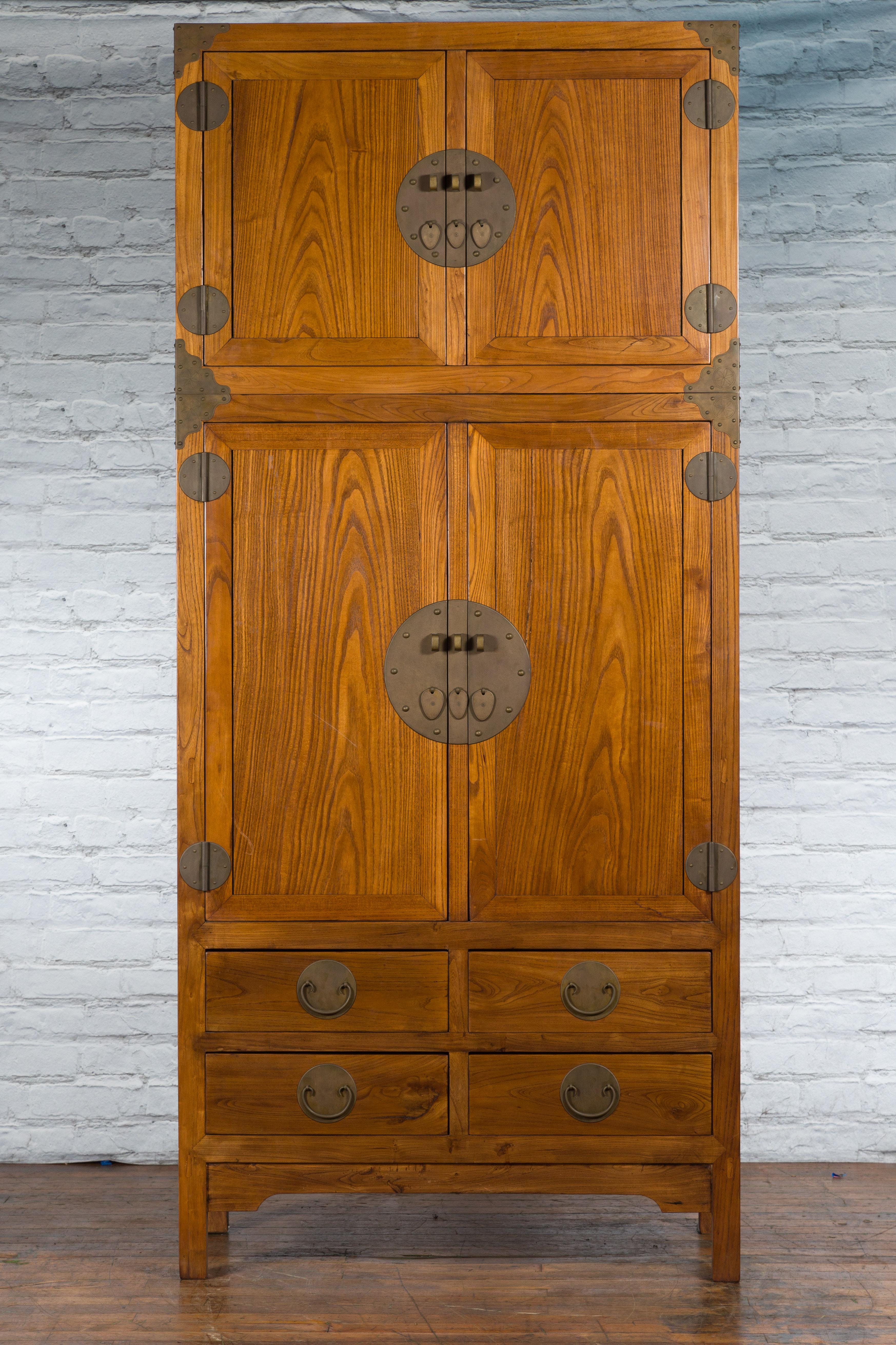 19th Century Large Chinese Qing Dynasty 1800s Oak Wood Compound Cabinet with Brass Medallions For Sale