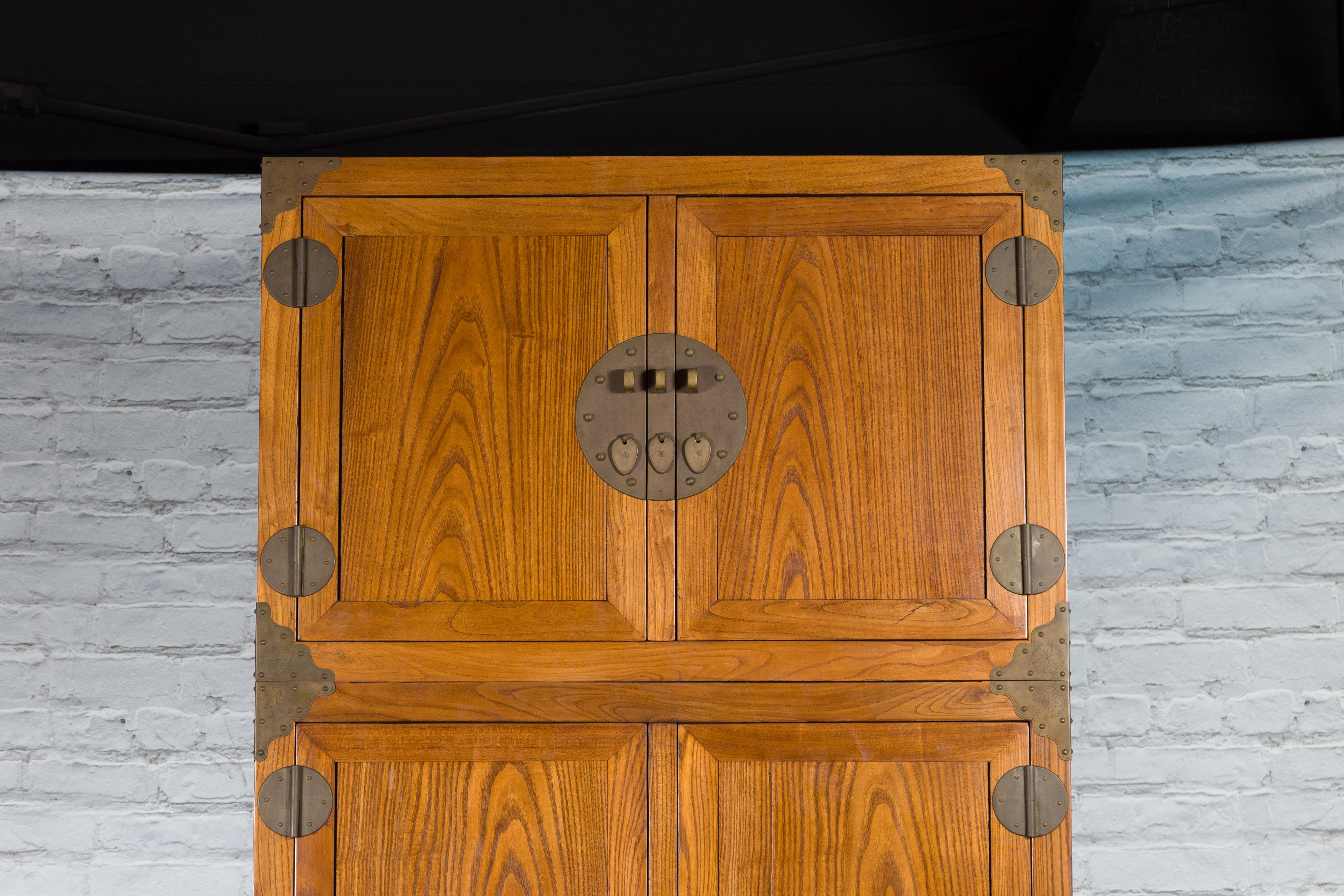 19th Century Large Qing Dynasty Oak Wood Compound Cabinet with Brass Medallions For Sale