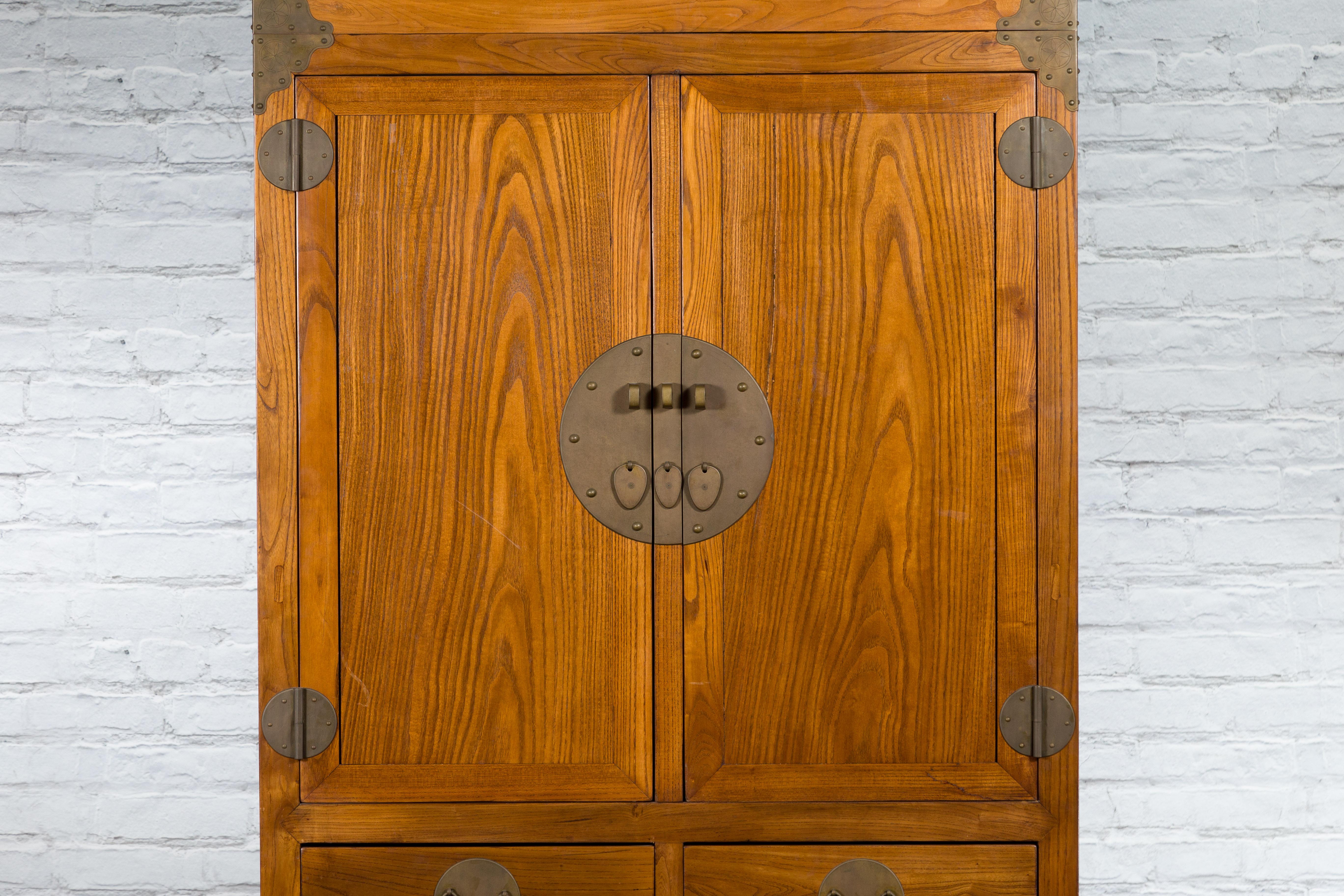 Large Qing Dynasty Oak Wood Compound Cabinet with Brass Medallions For Sale 1
