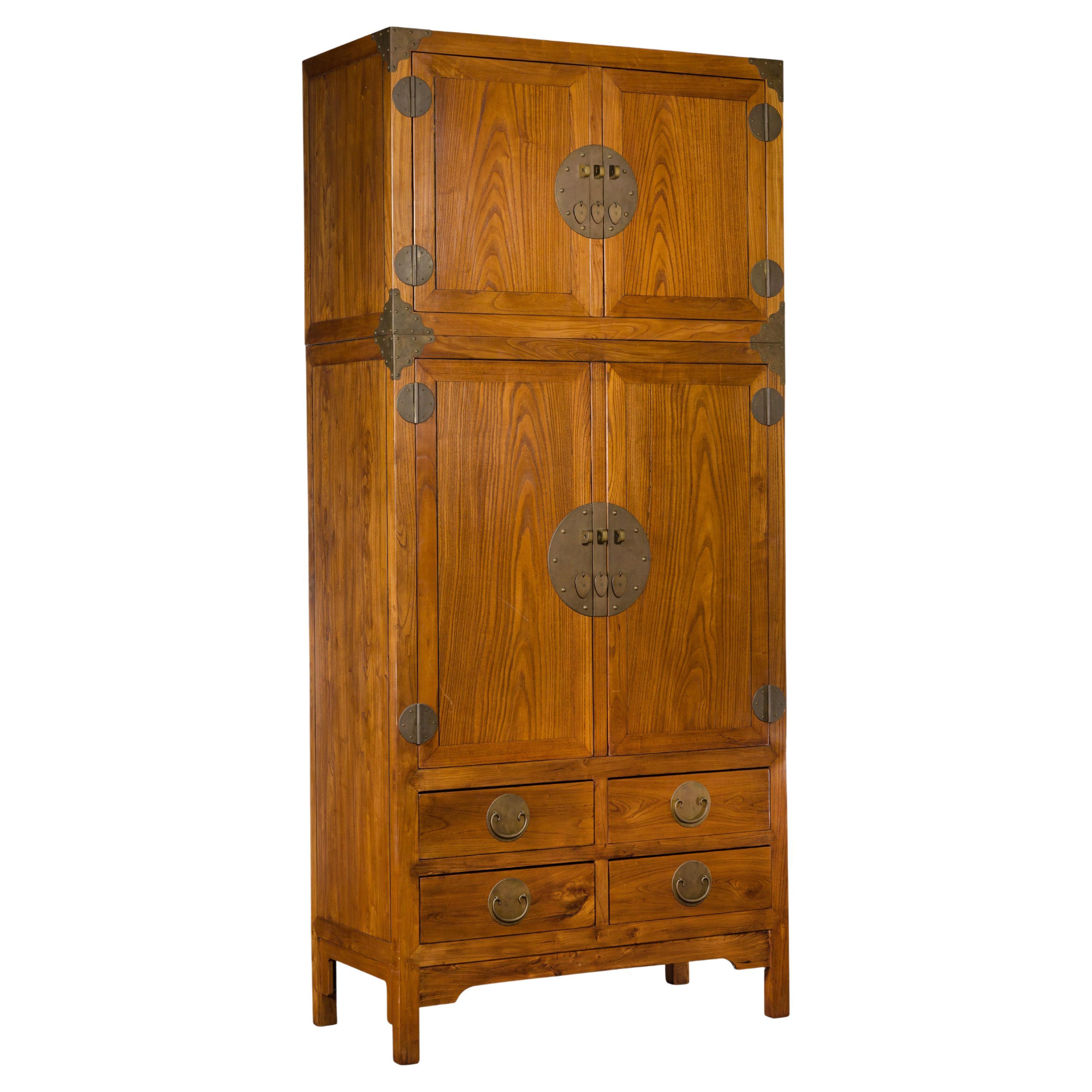 Large Chinese Qing Dynasty 1800s Oak Wood Compound Cabinet with Brass Medallions