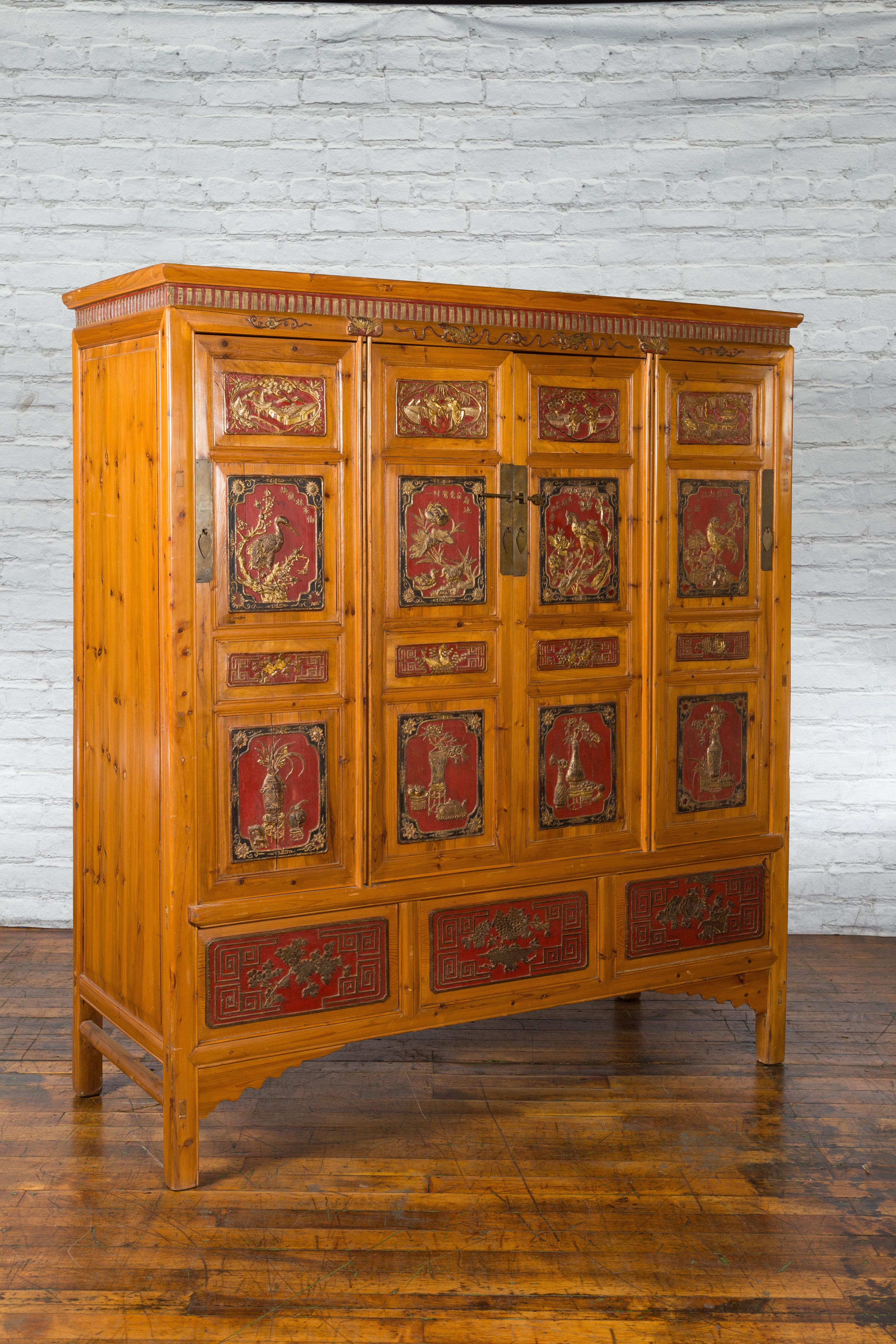 Large Chinese Qing Dynasty 19th Century Cabinet with Hand-Carved and Gilt Panels For Sale 13