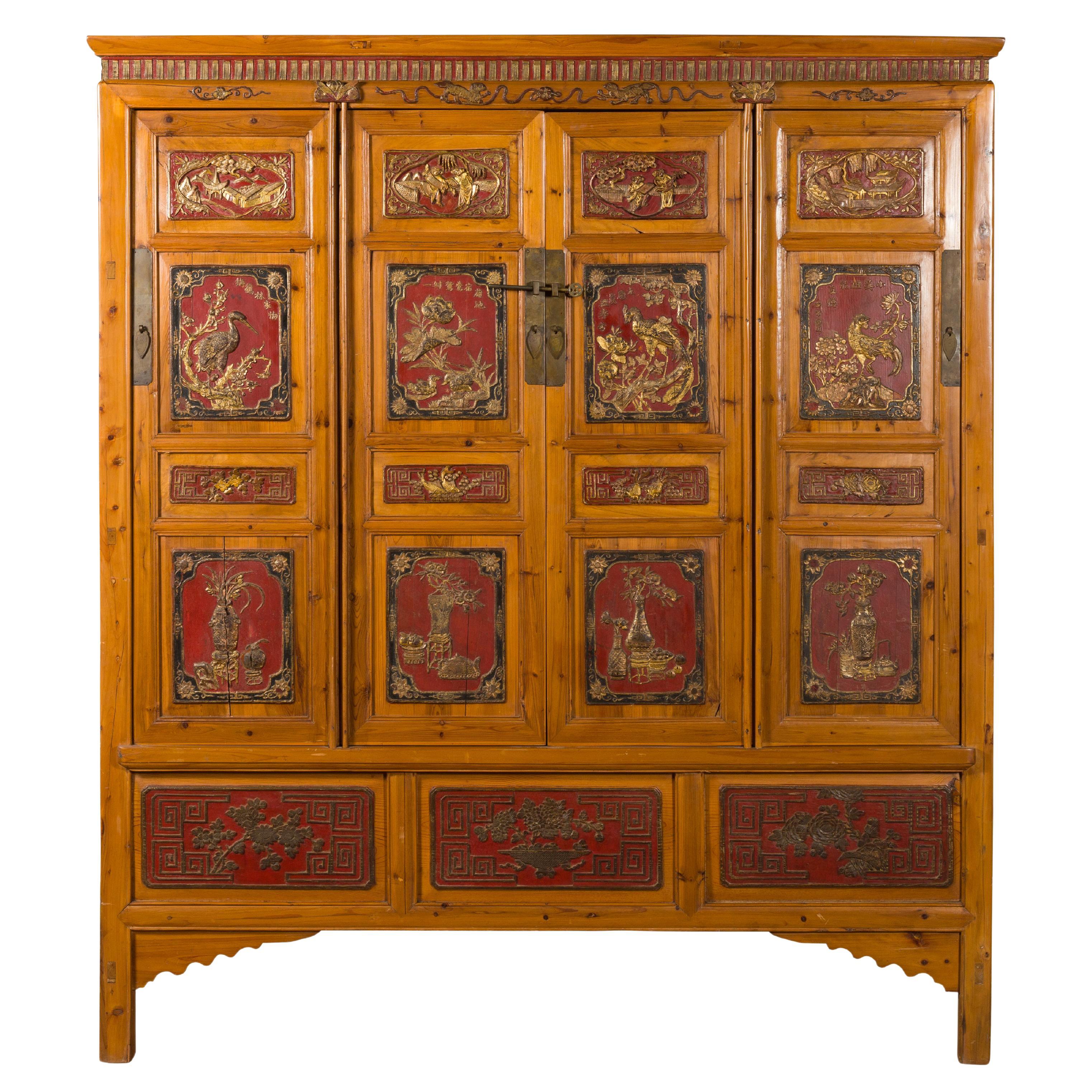 Large Chinese Qing Dynasty 19th Century Cabinet with Hand-Carved and Gilt Panels For Sale