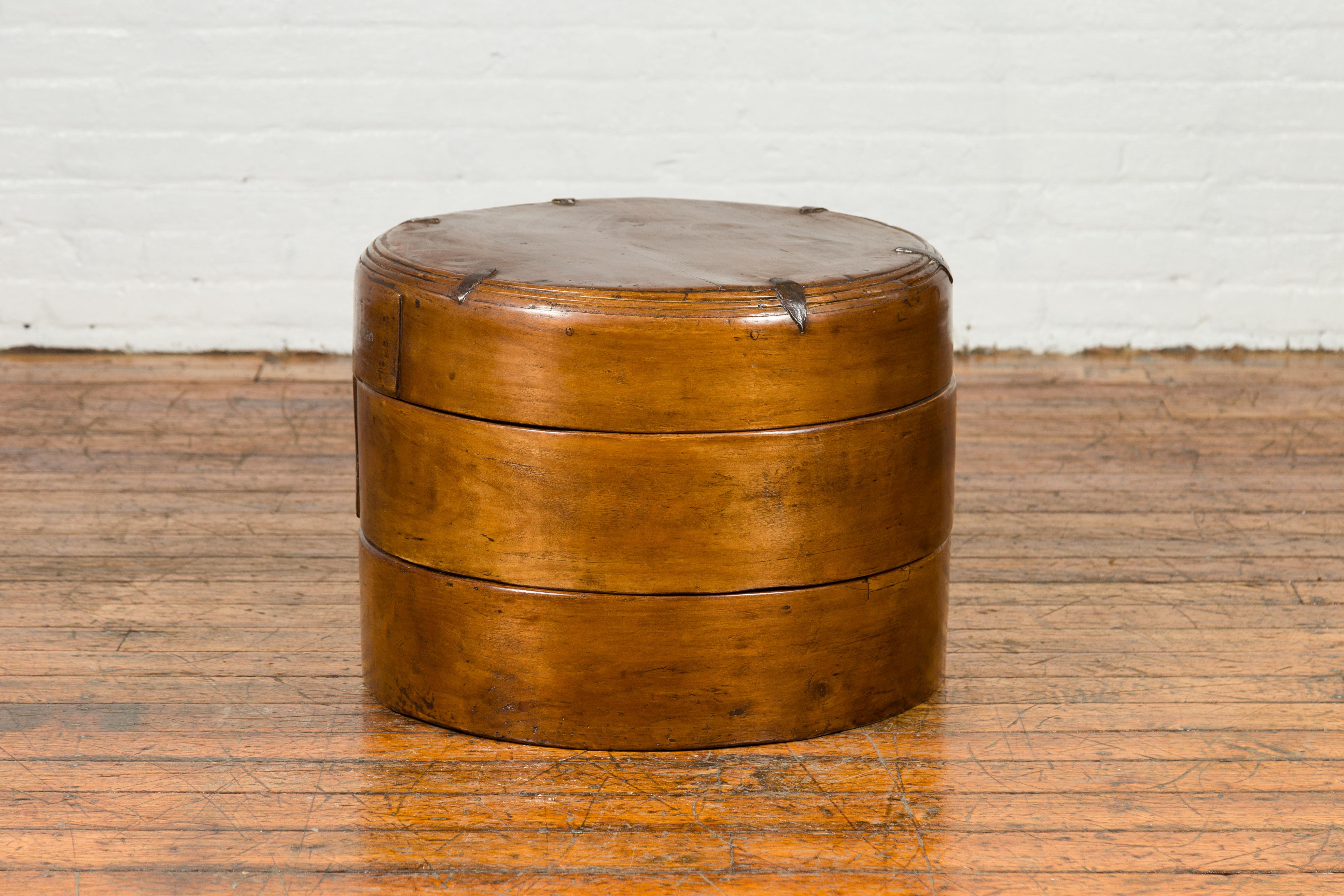 Large Chinese Qing Dynasty 19th Century Elm Three-Section Round Picnic Basket 1