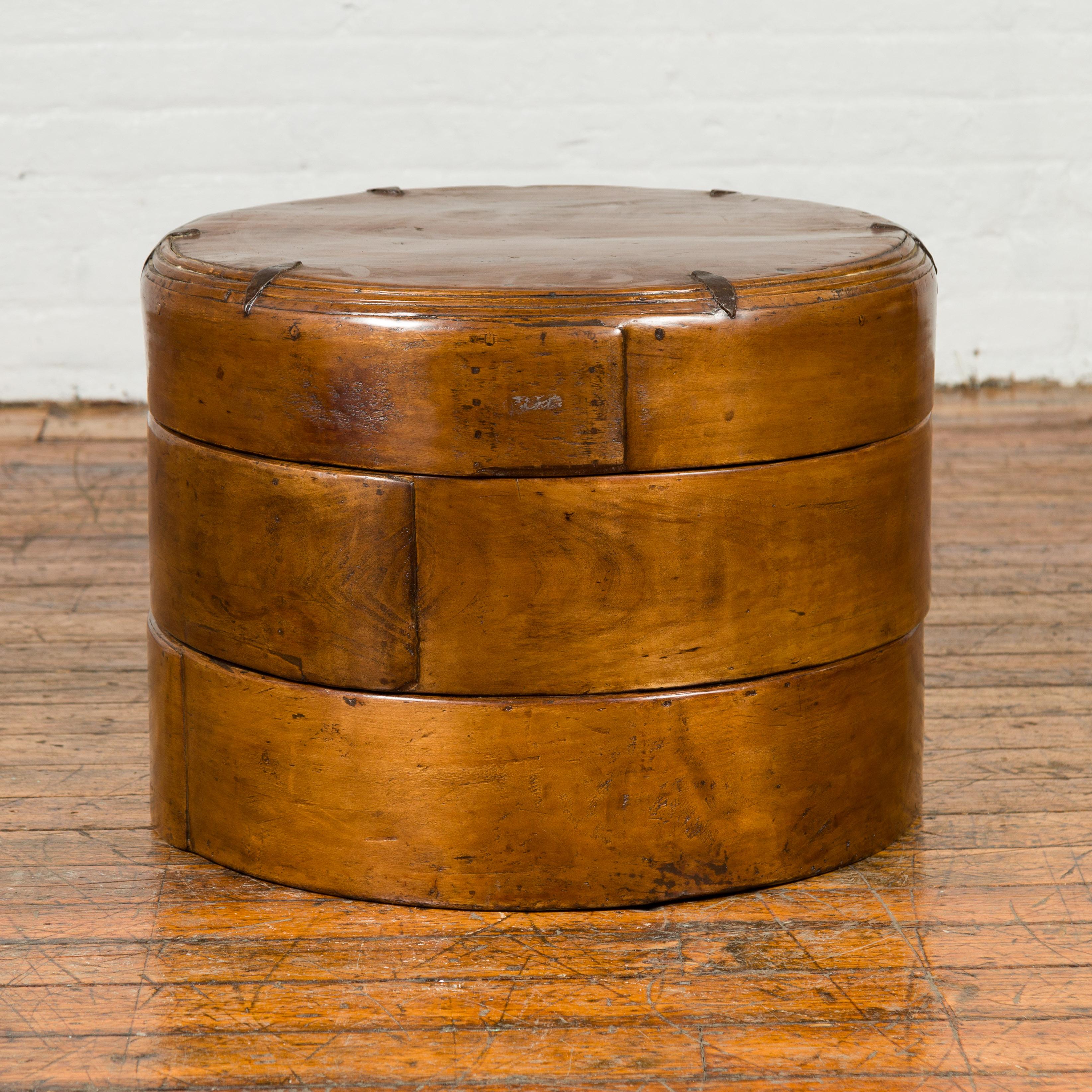Large Chinese Qing Dynasty 19th Century Elm Three-Section Round Picnic Basket 2