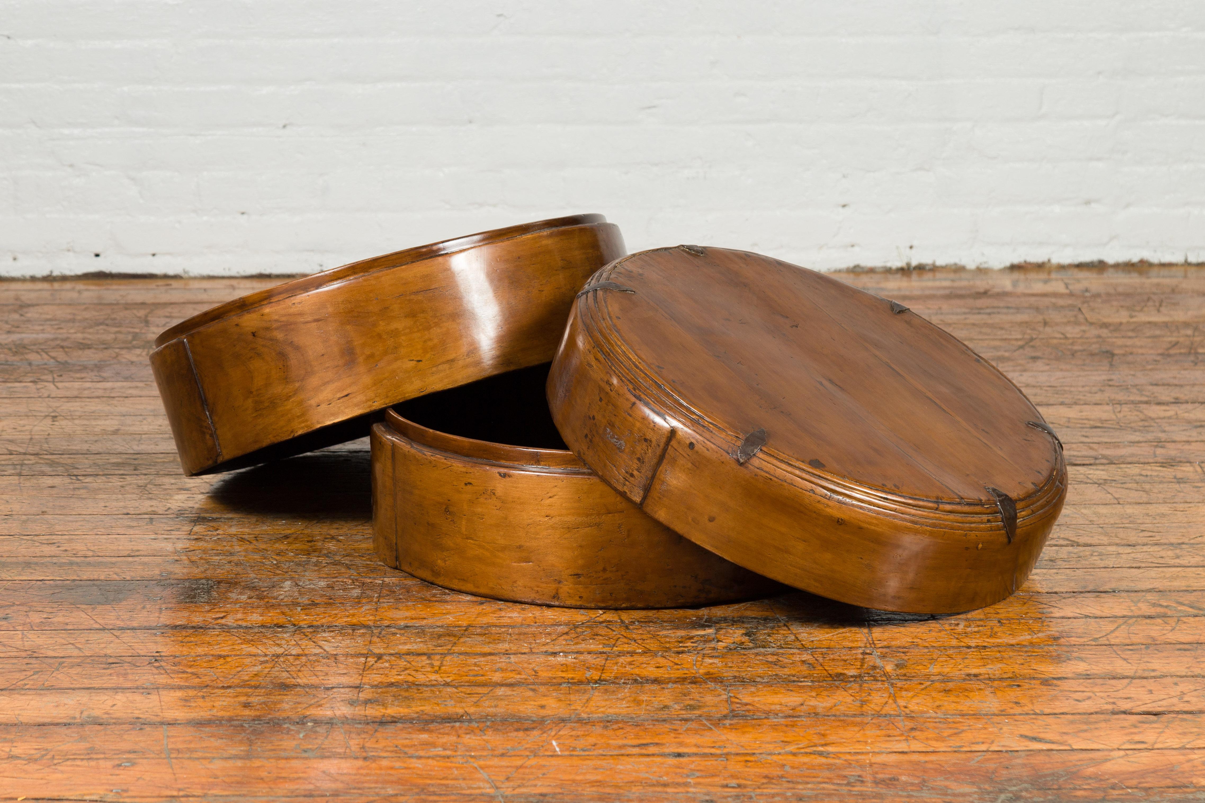 Large Chinese Qing Dynasty 19th Century Elm Three-Section Round Picnic Basket 3