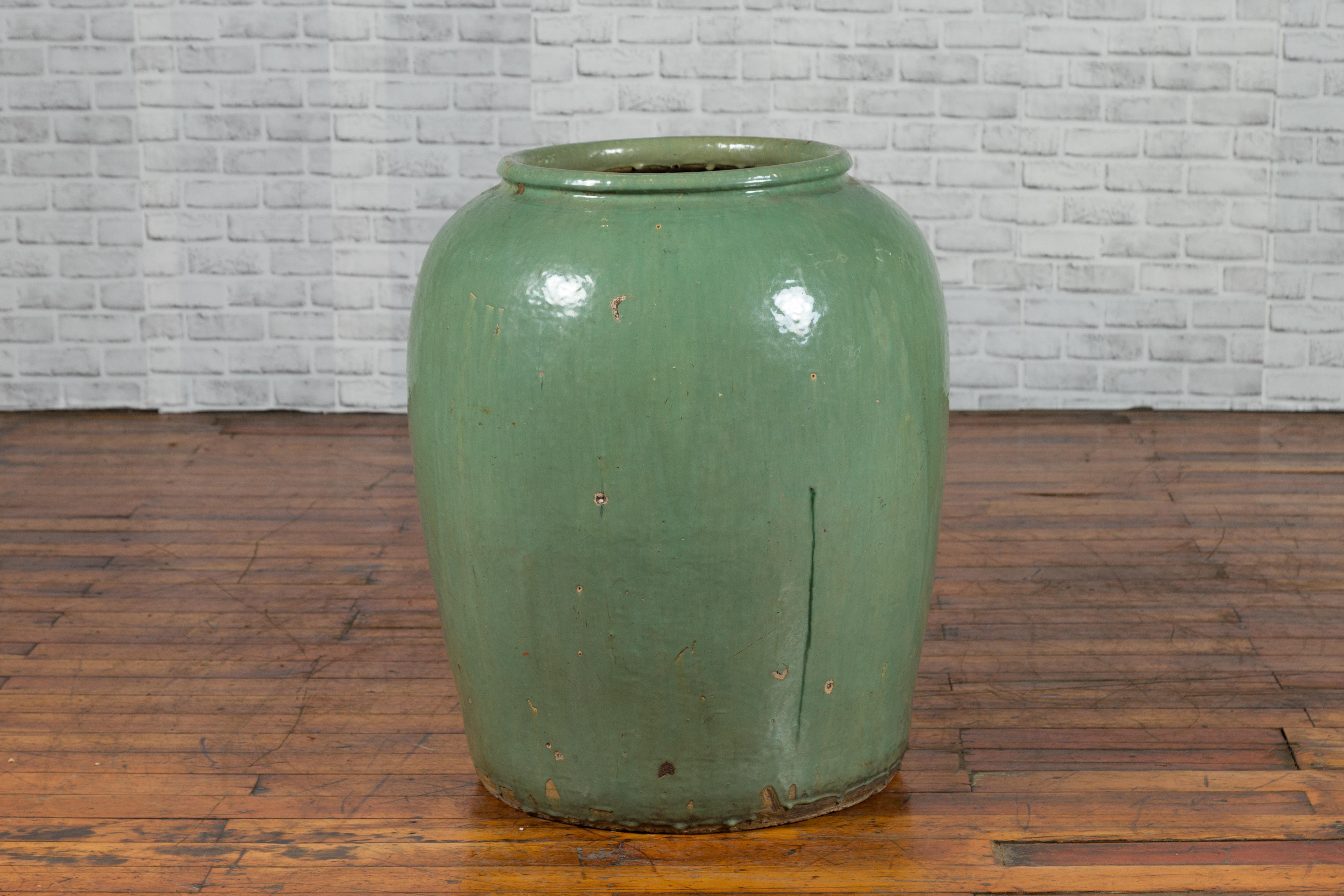 Large Chinese Qing Dynasty 19th Century Green Glazed Storage Jug with Dripping 2