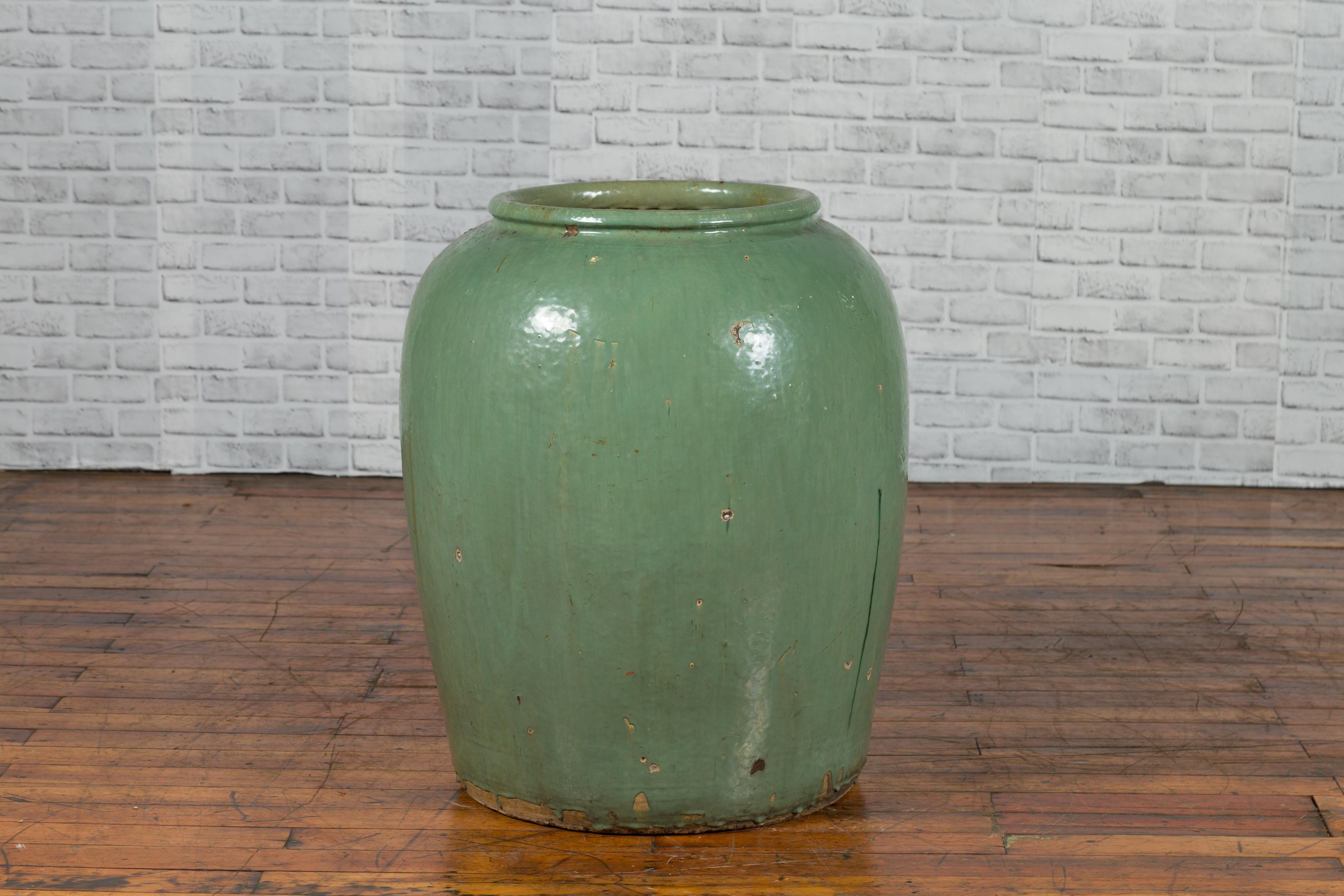Large Chinese Qing Dynasty 19th Century Green Glazed Storage Jug with Dripping 3