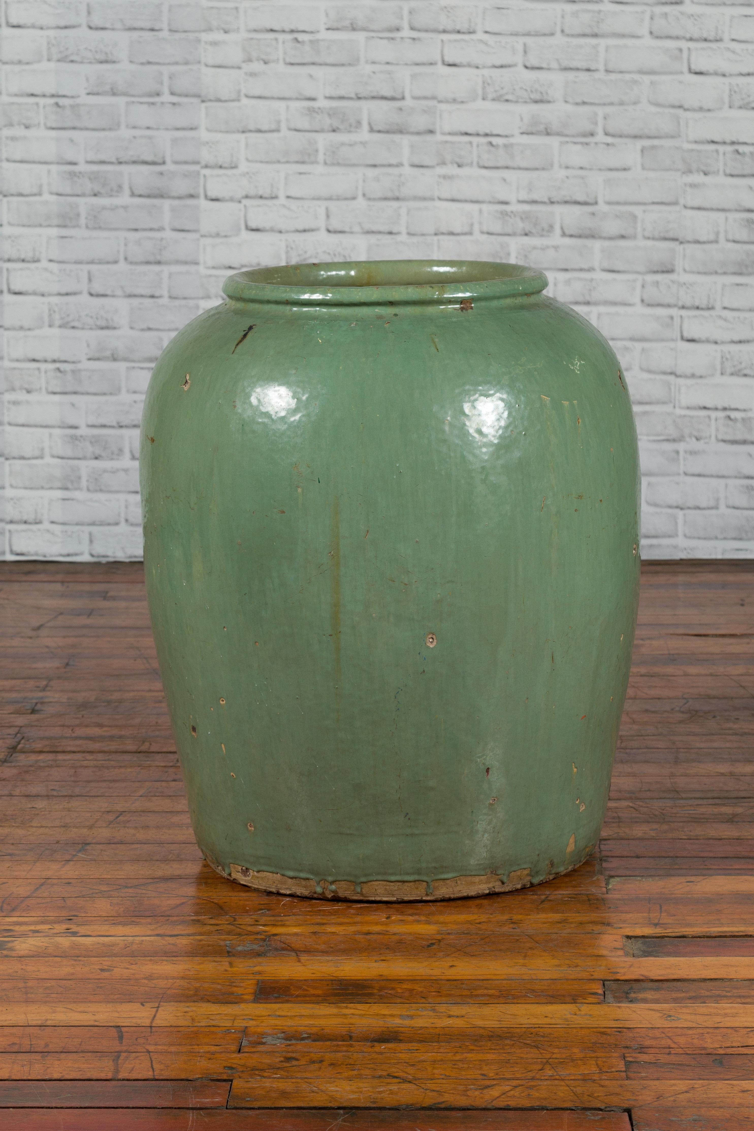 Large Chinese Qing Dynasty 19th Century Green Glazed Storage Jug with Dripping 4