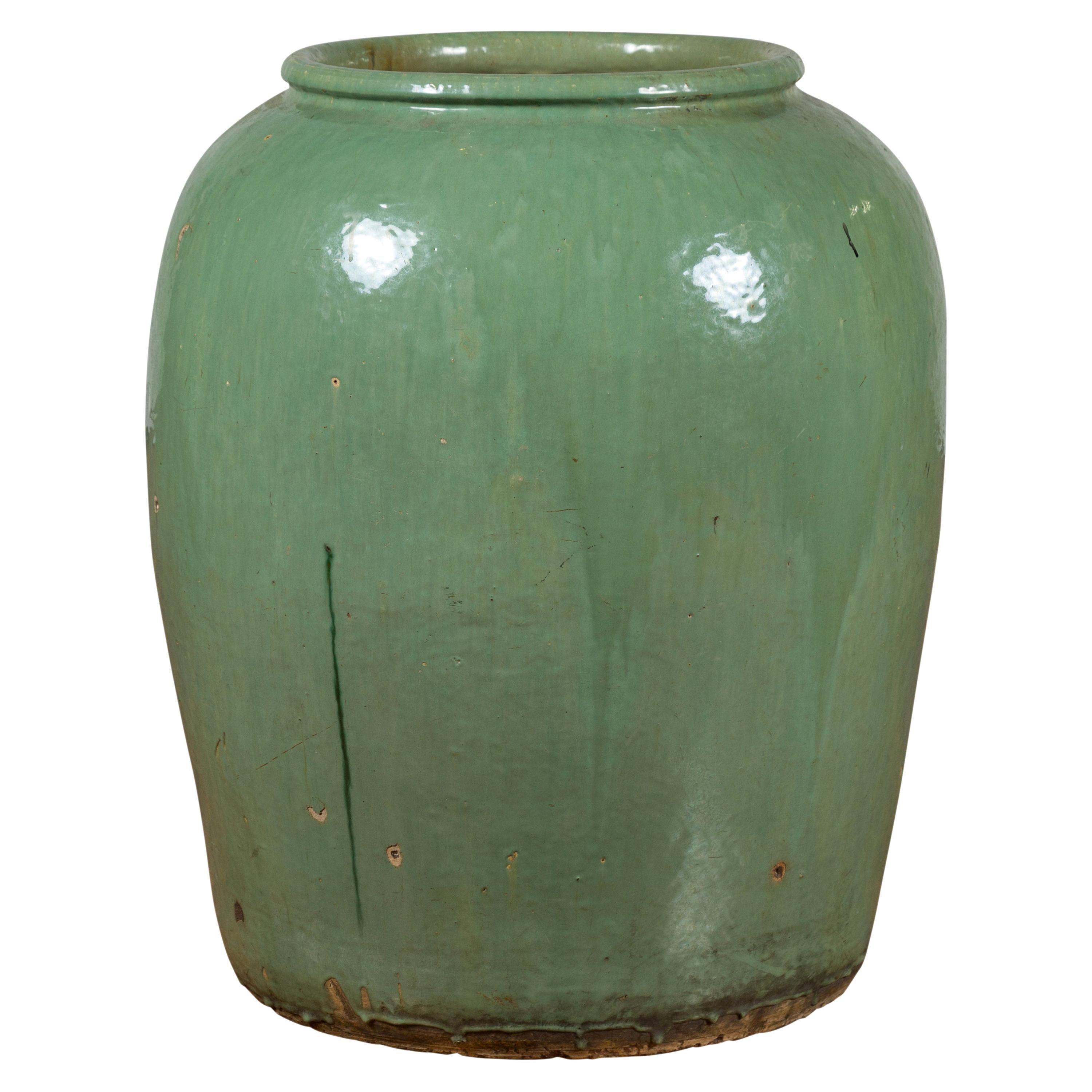 Large Chinese Qing Dynasty 19th Century Green Glazed Storage Jug with Dripping