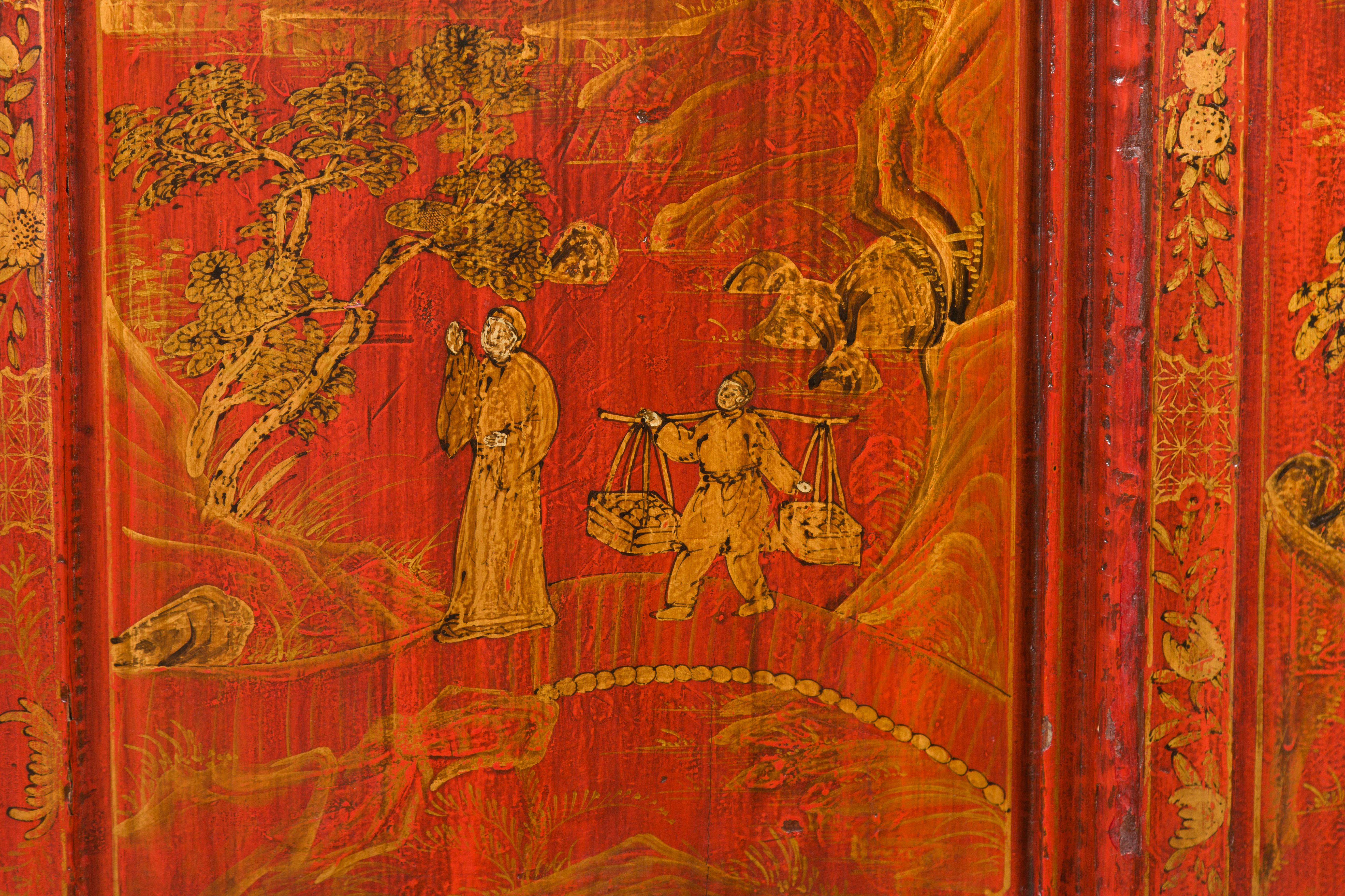 Large Chinese Qing Dynasty 19th Century Red Lacquer Armoire with Gilt Décor For Sale 6