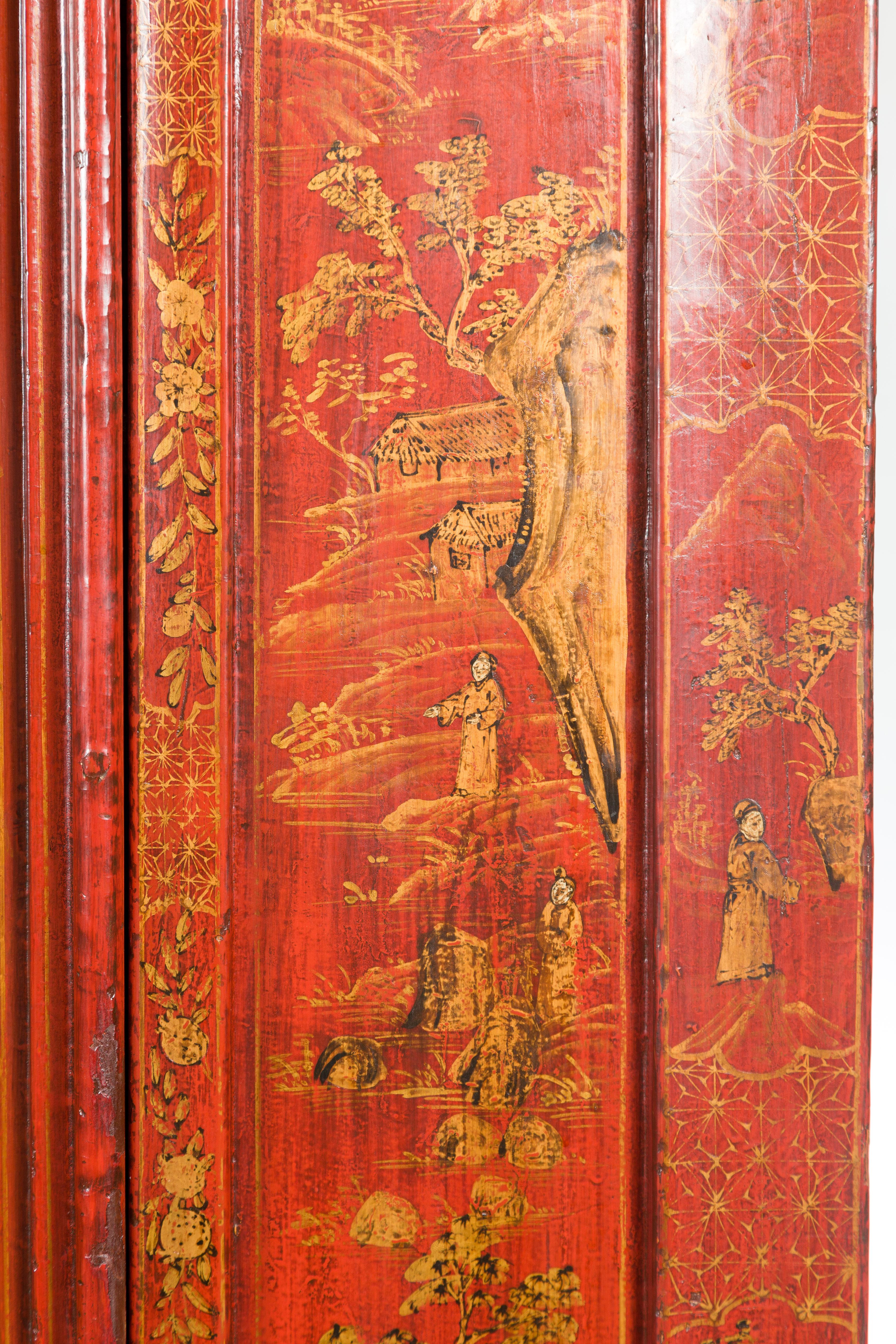 Large Chinese Qing Dynasty 19th Century Red Lacquer Armoire with Gilt Décor For Sale 7