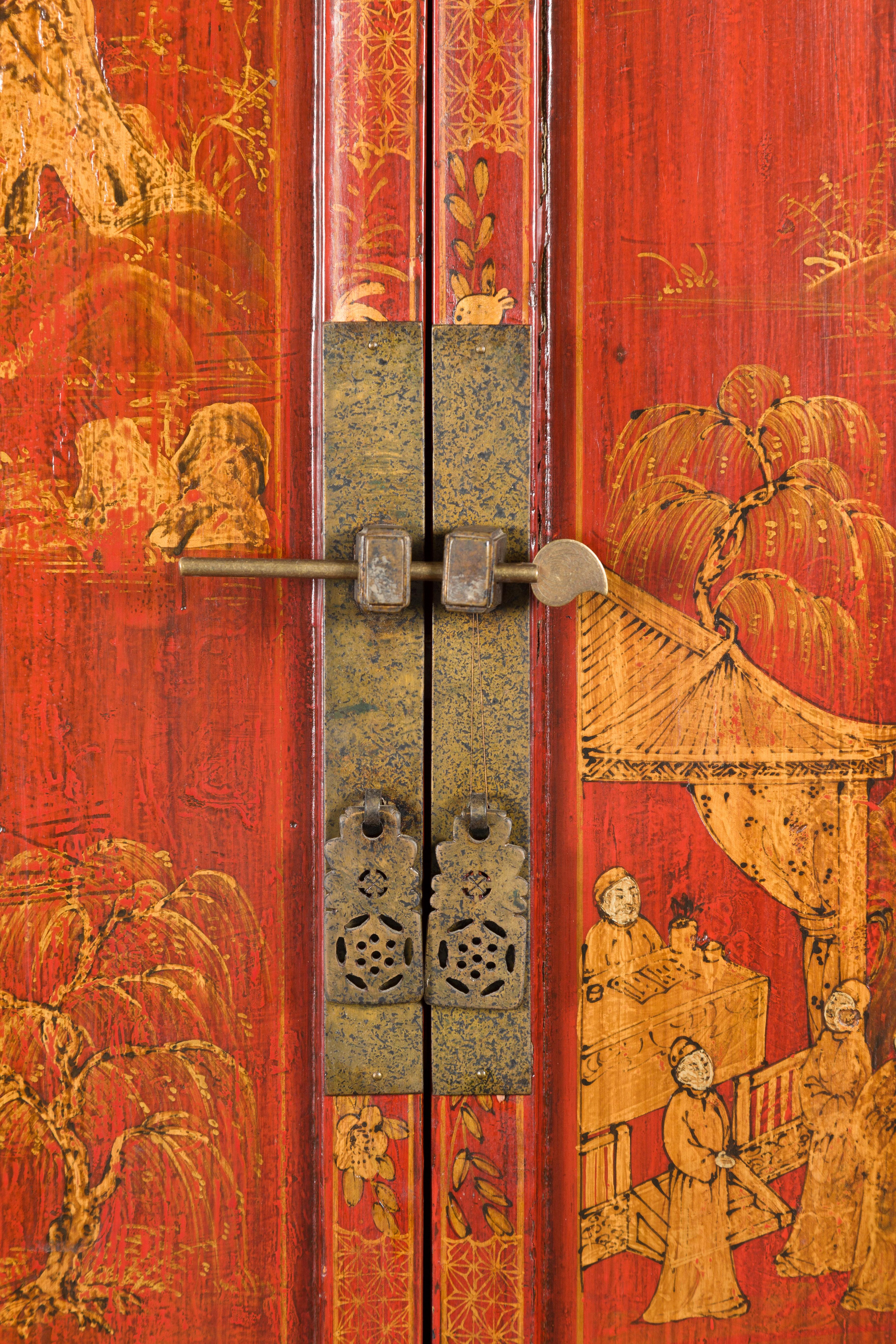 Grande armoire en laque rouge de la dynastie chinoise Qing du 19e siècle avec décor doré en vente 5