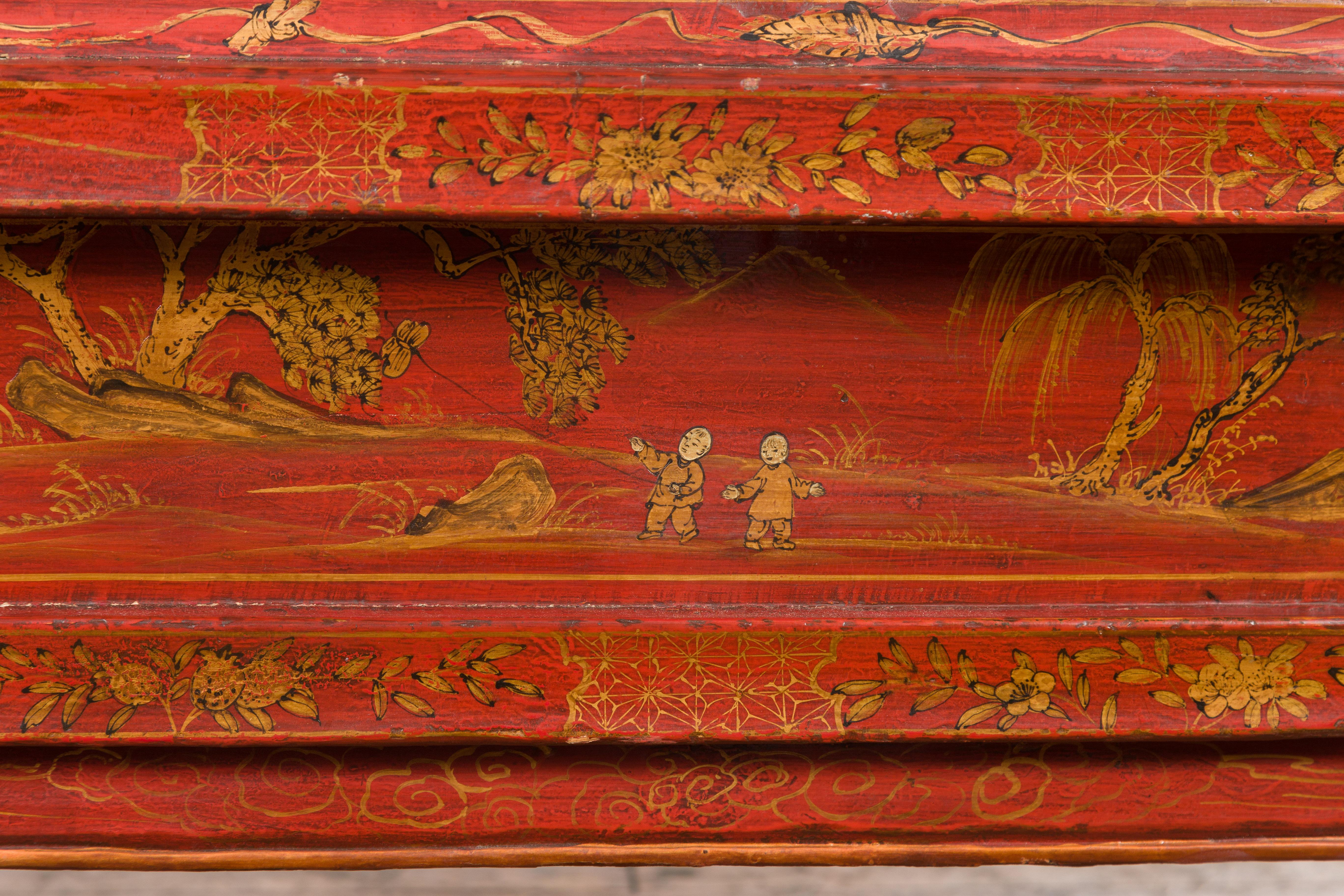 Large Chinese Qing Dynasty 19th Century Red Lacquer Armoire with Gilt Décor For Sale 9