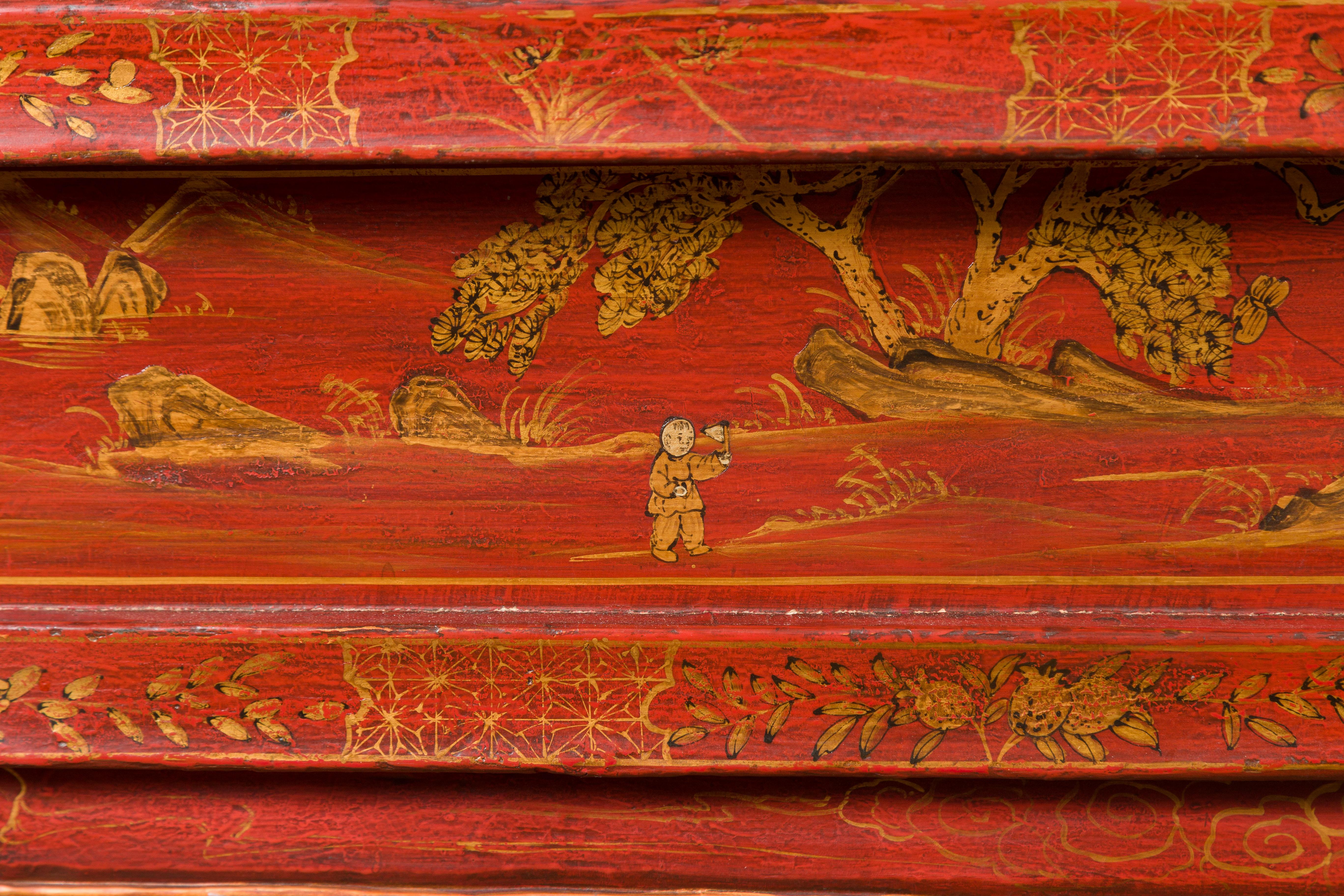 Large Chinese Qing Dynasty 19th Century Red Lacquer Armoire with Gilt Décor For Sale 10