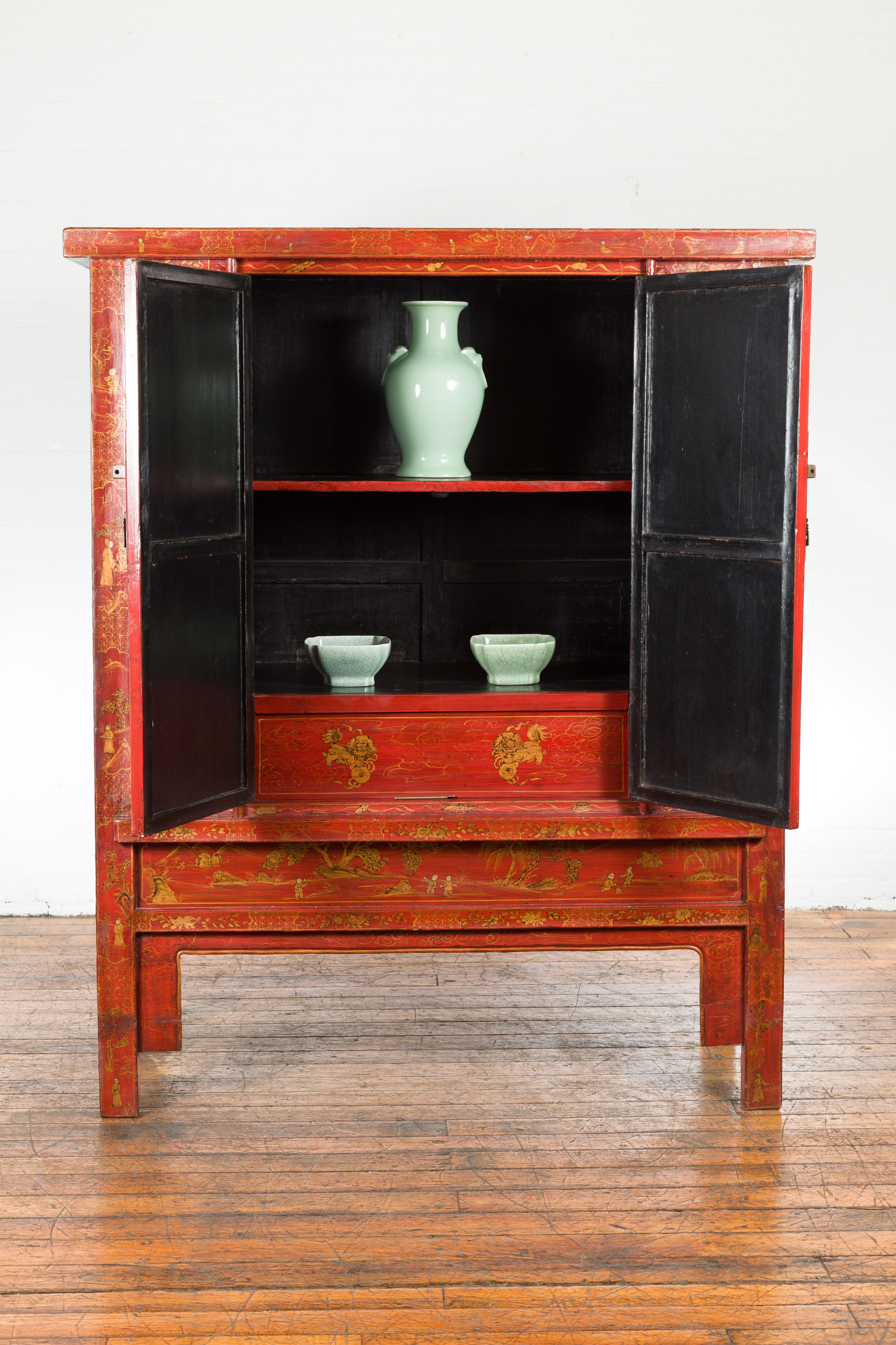 Large Chinese Qing Dynasty 19th Century Red Lacquer Armoire with Gilt Décor For Sale 11