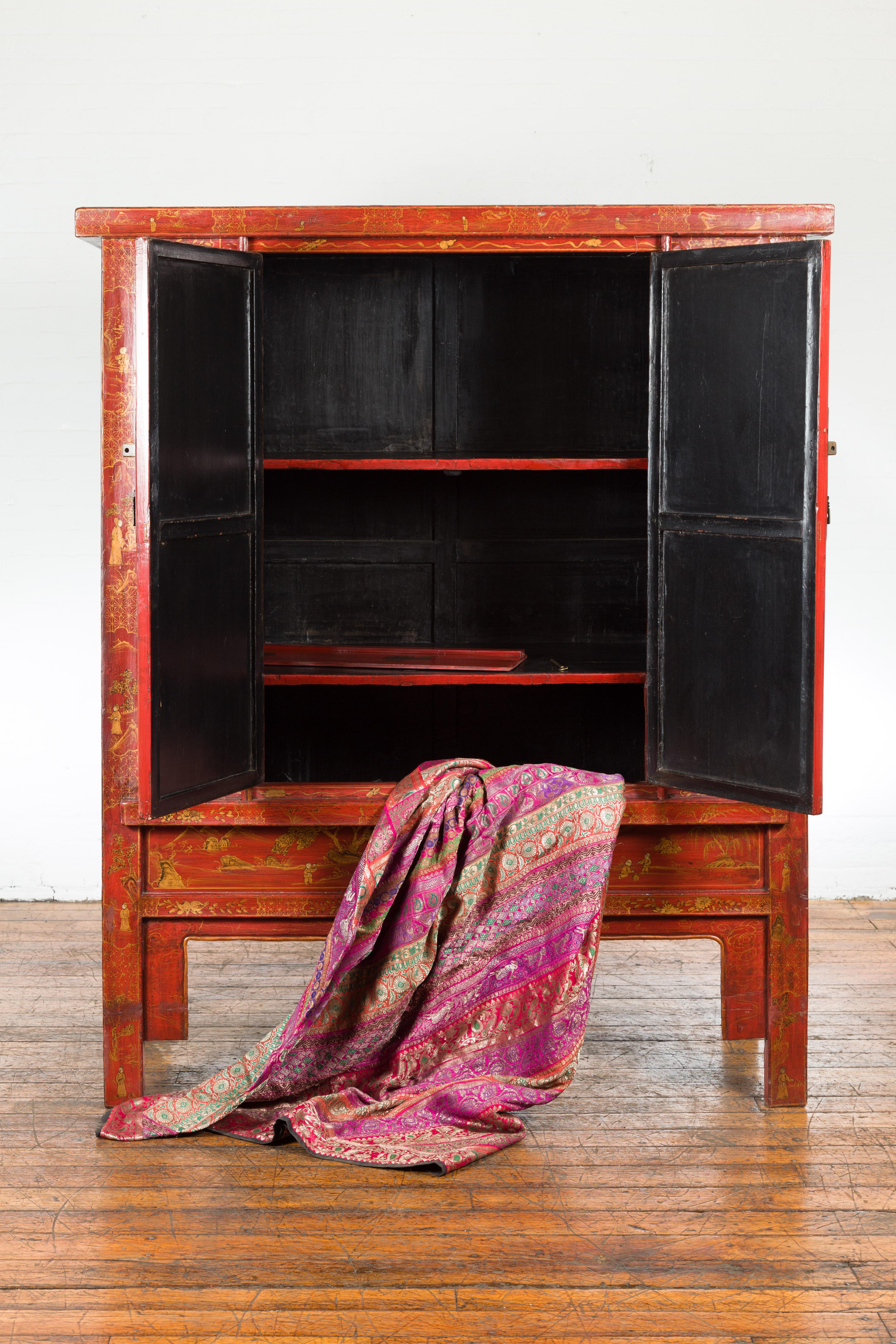 Large Chinese Qing Dynasty 19th Century Red Lacquer Armoire with Gilt Décor For Sale 12