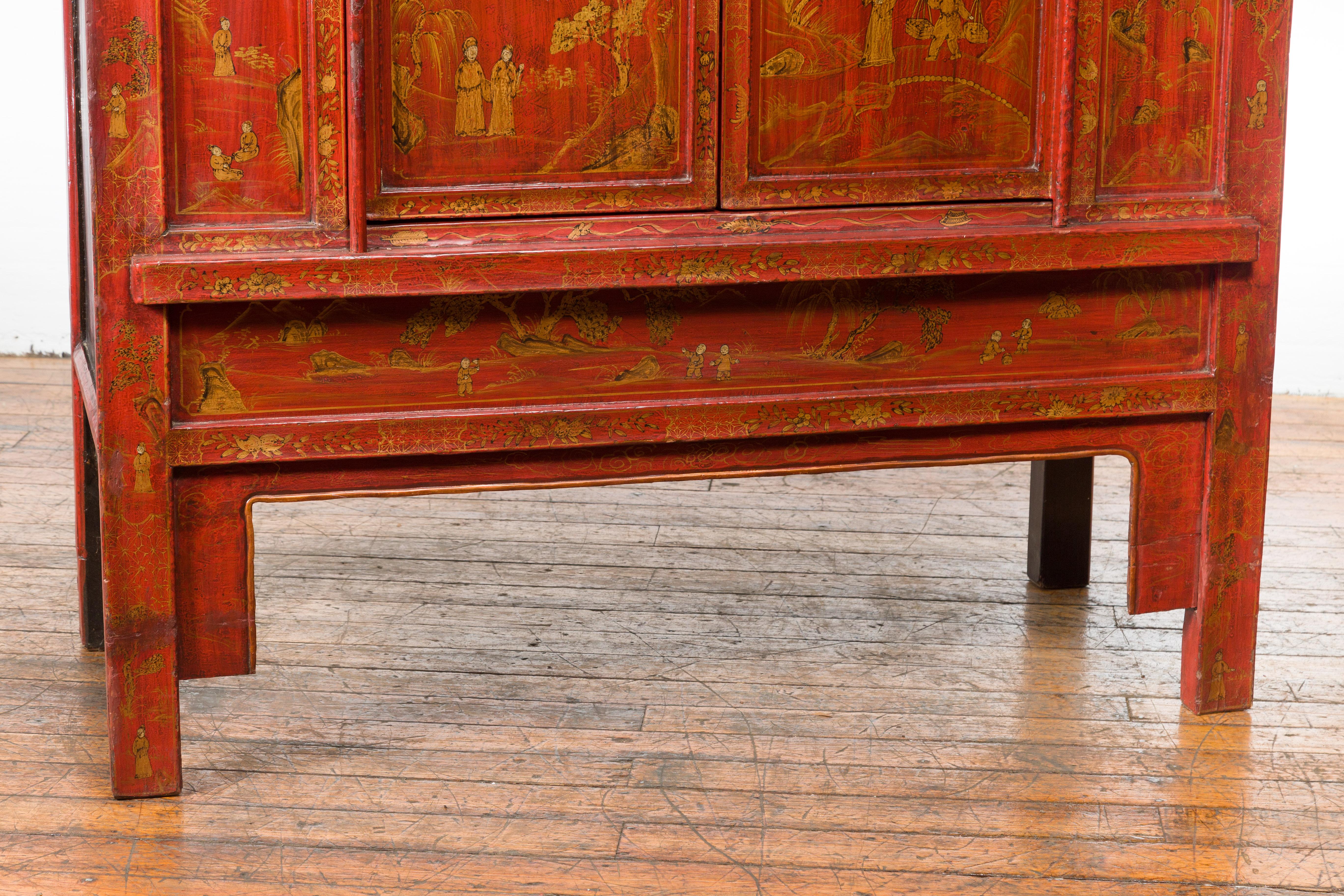 Large Chinese Qing Dynasty 19th Century Red Lacquer Armoire with Gilt Décor For Sale 13