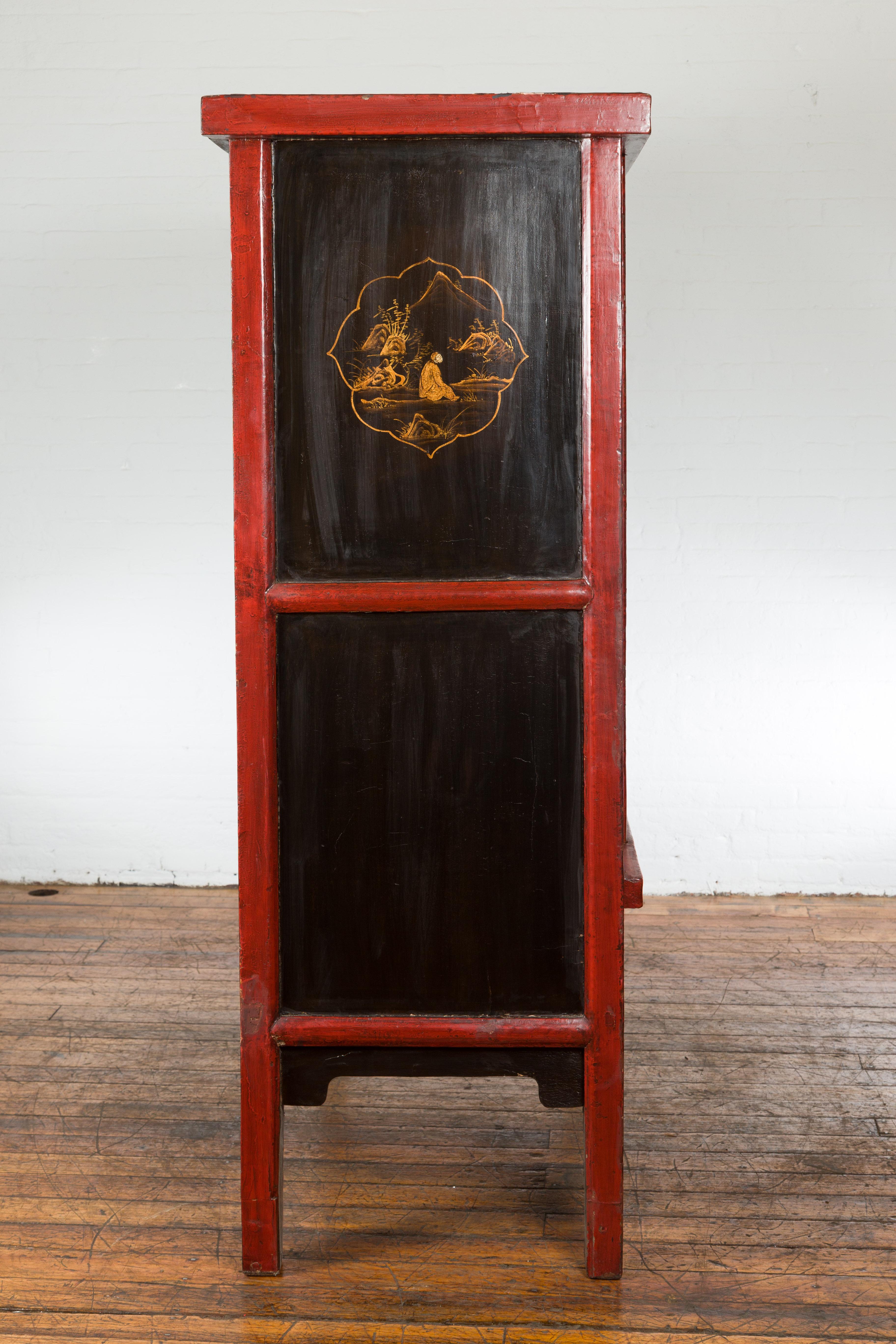 Large Chinese Qing Dynasty 19th Century Red Lacquer Armoire with Gilt Décor For Sale 14