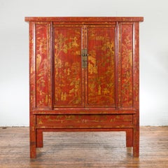 Large Qing Dynasty 19th Century Red Lacquer Armoire with Gilt Décor