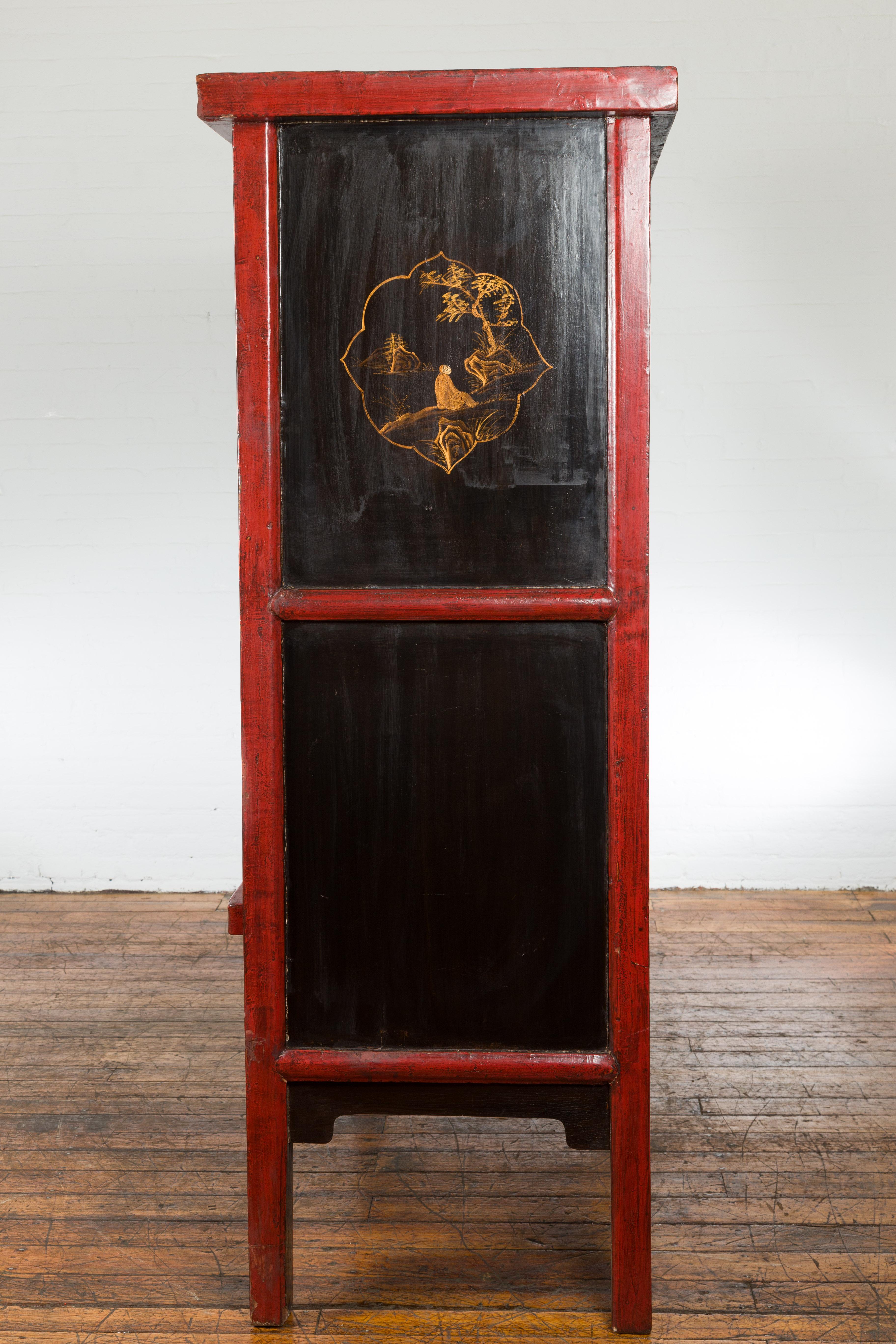 Large Chinese Qing Dynasty 19th Century Red Lacquer Armoire with Gilt Décor For Sale 16