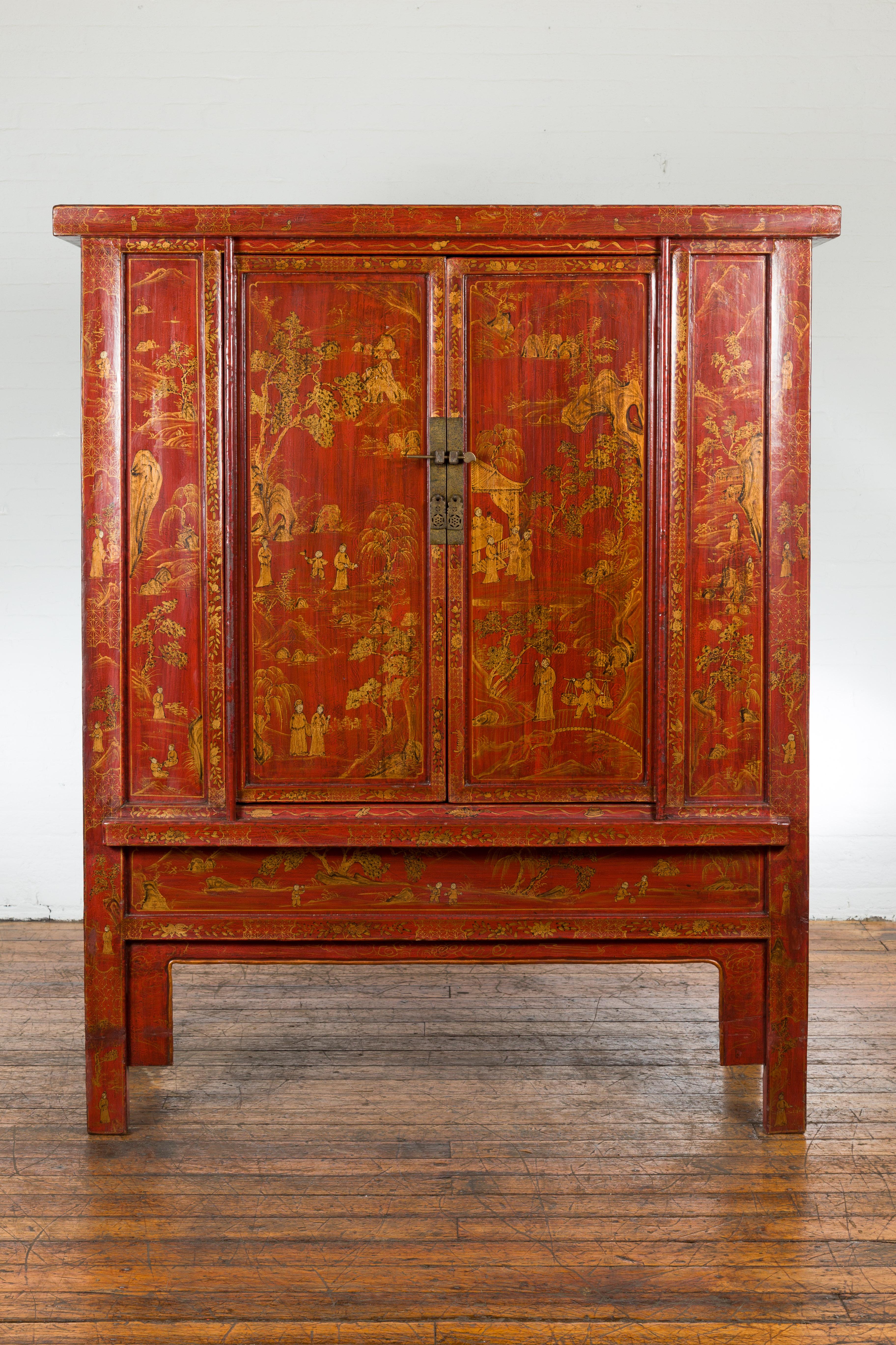 Large Chinese Qing Dynasty 19th Century Red Lacquer Armoire with Gilt Décor In Good Condition For Sale In Yonkers, NY