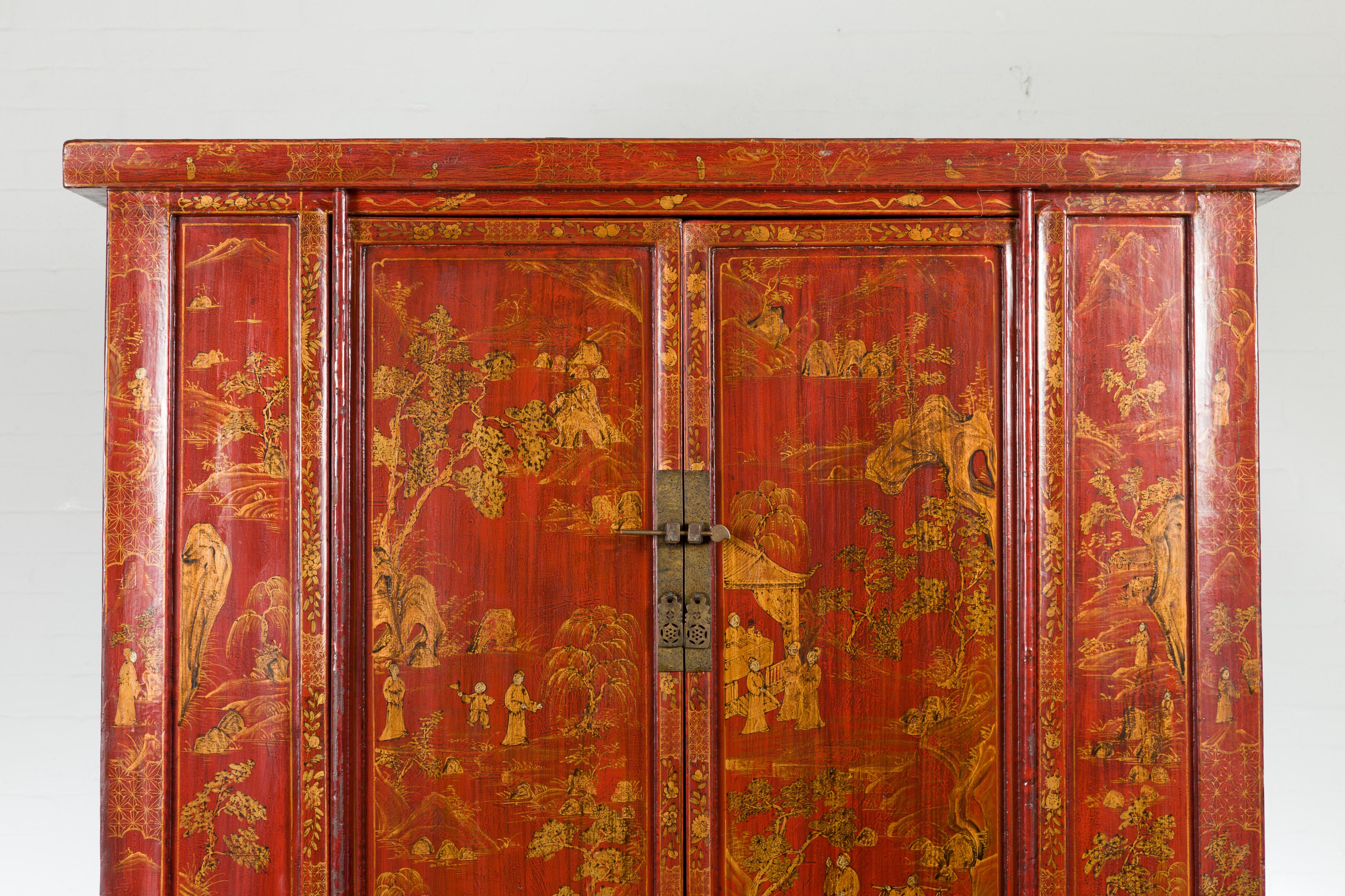 Large Chinese Qing Dynasty 19th Century Red Lacquer Armoire with Gilt Décor For Sale 1