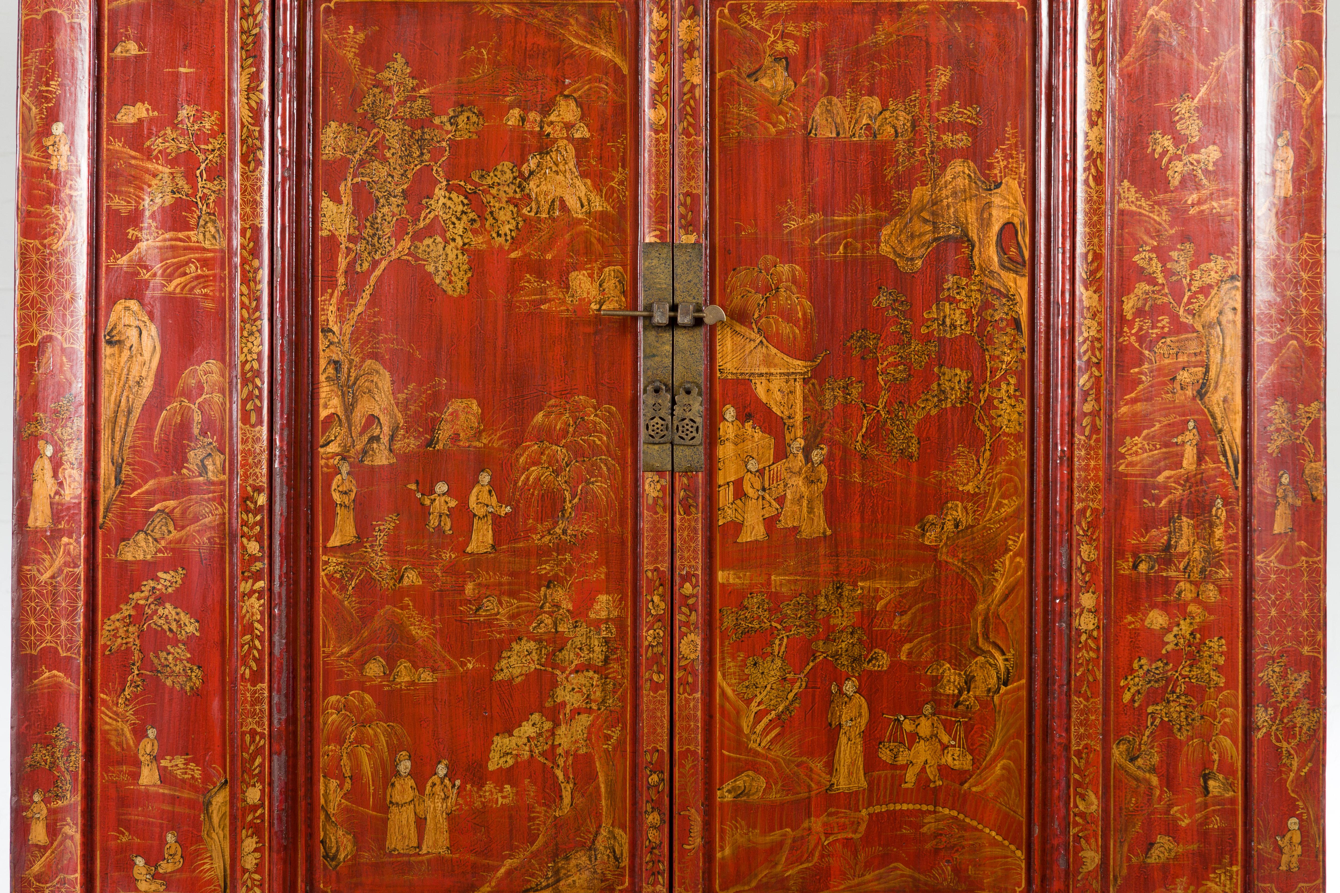 XIXe siècle Grande armoire en laque rouge de la dynastie chinoise Qing du 19e siècle avec décor doré en vente