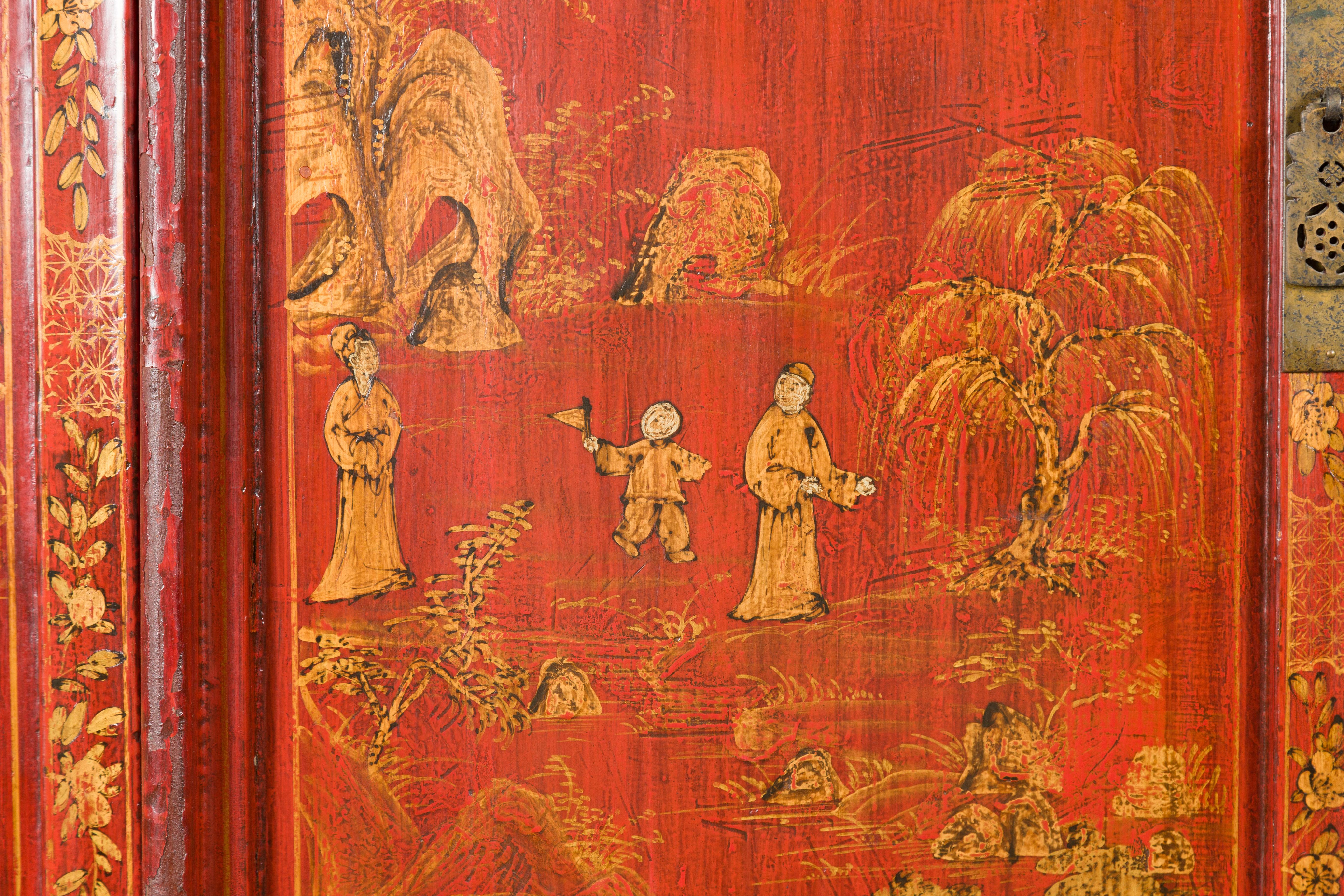 Grande armoire en laque rouge de la dynastie chinoise Qing du 19e siècle avec décor doré en vente 1