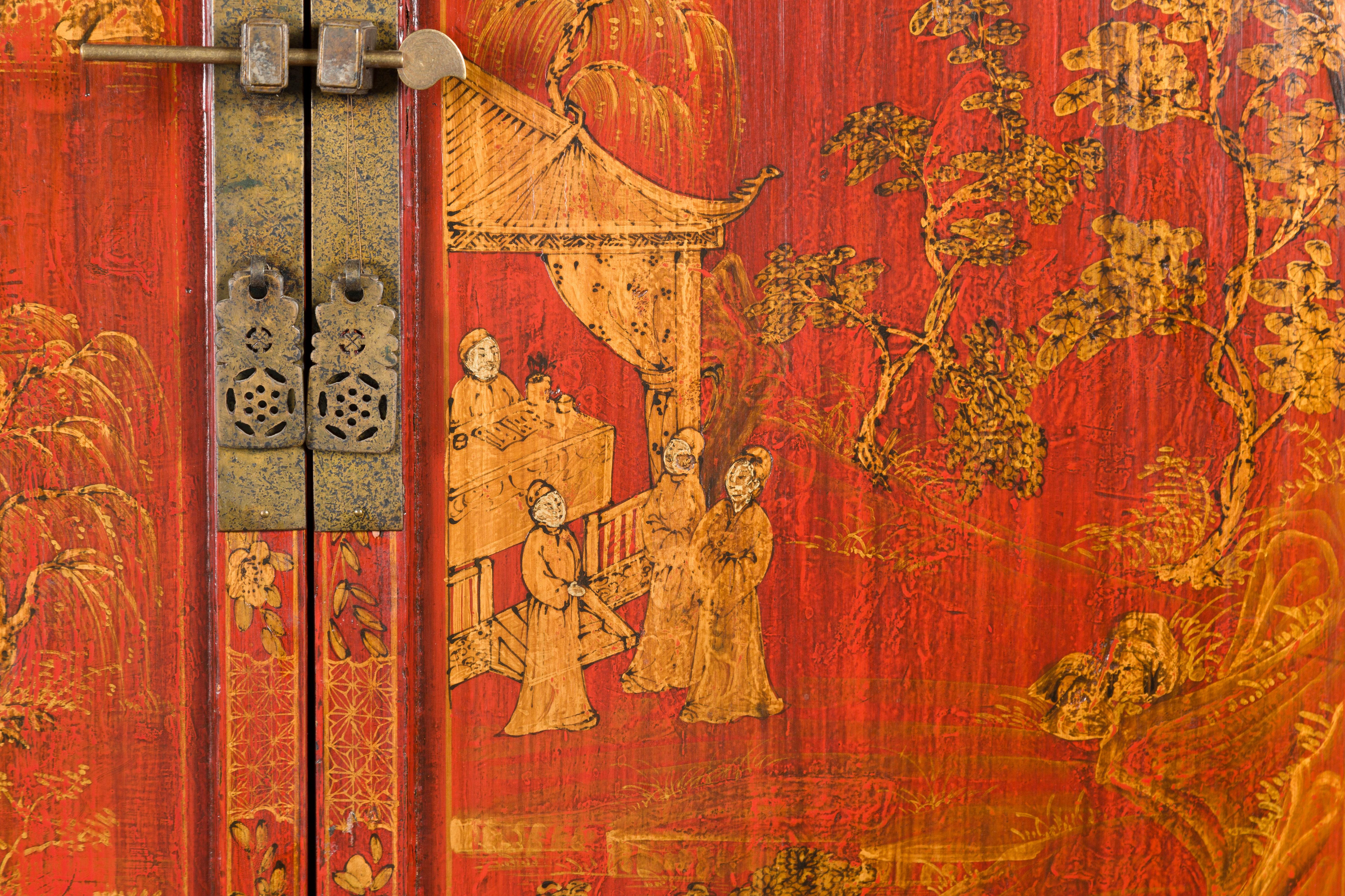 Large Chinese Qing Dynasty 19th Century Red Lacquer Armoire with Gilt Décor For Sale 5