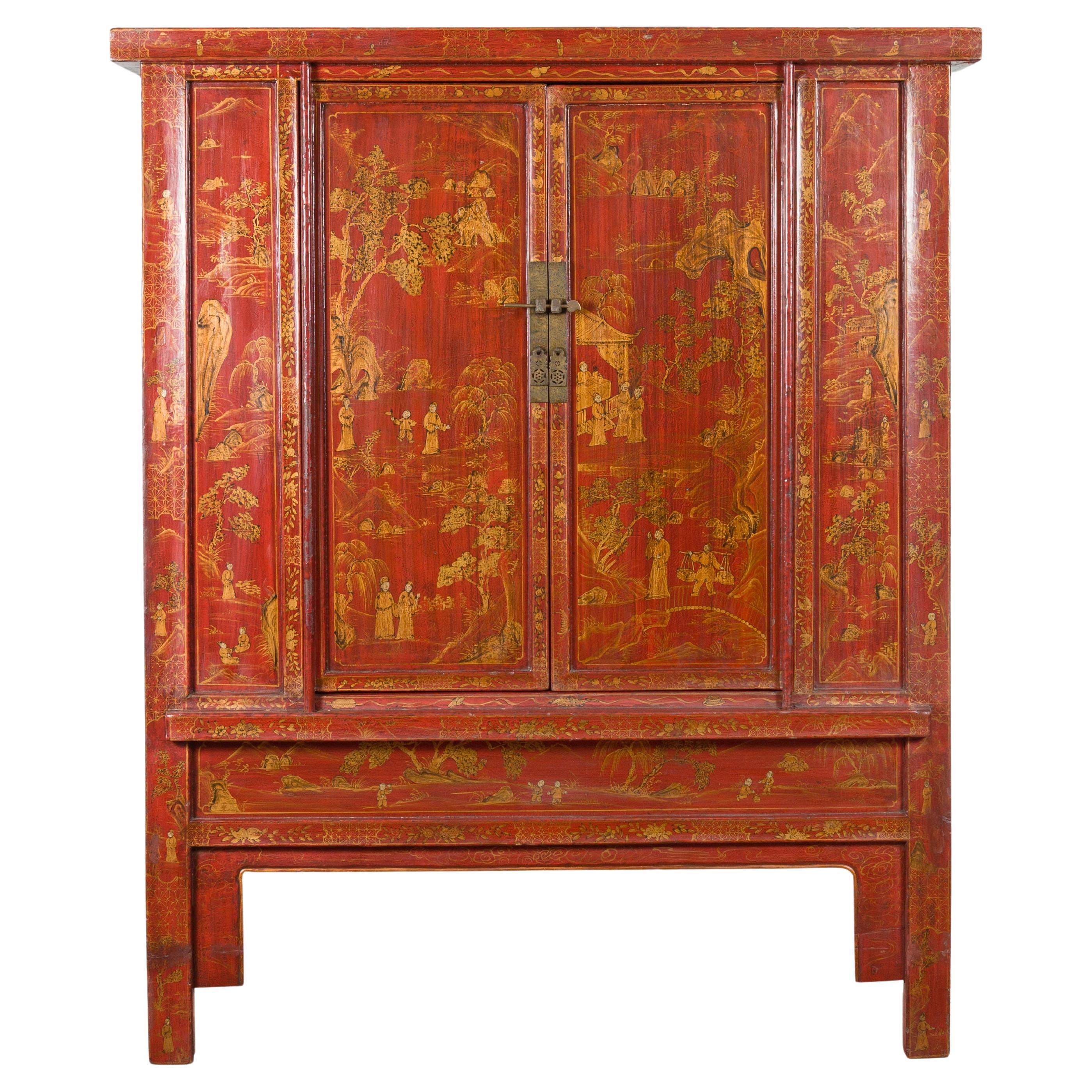 Large Chinese Qing Dynasty 19th Century Red Lacquer Armoire with Gilt Décor For Sale