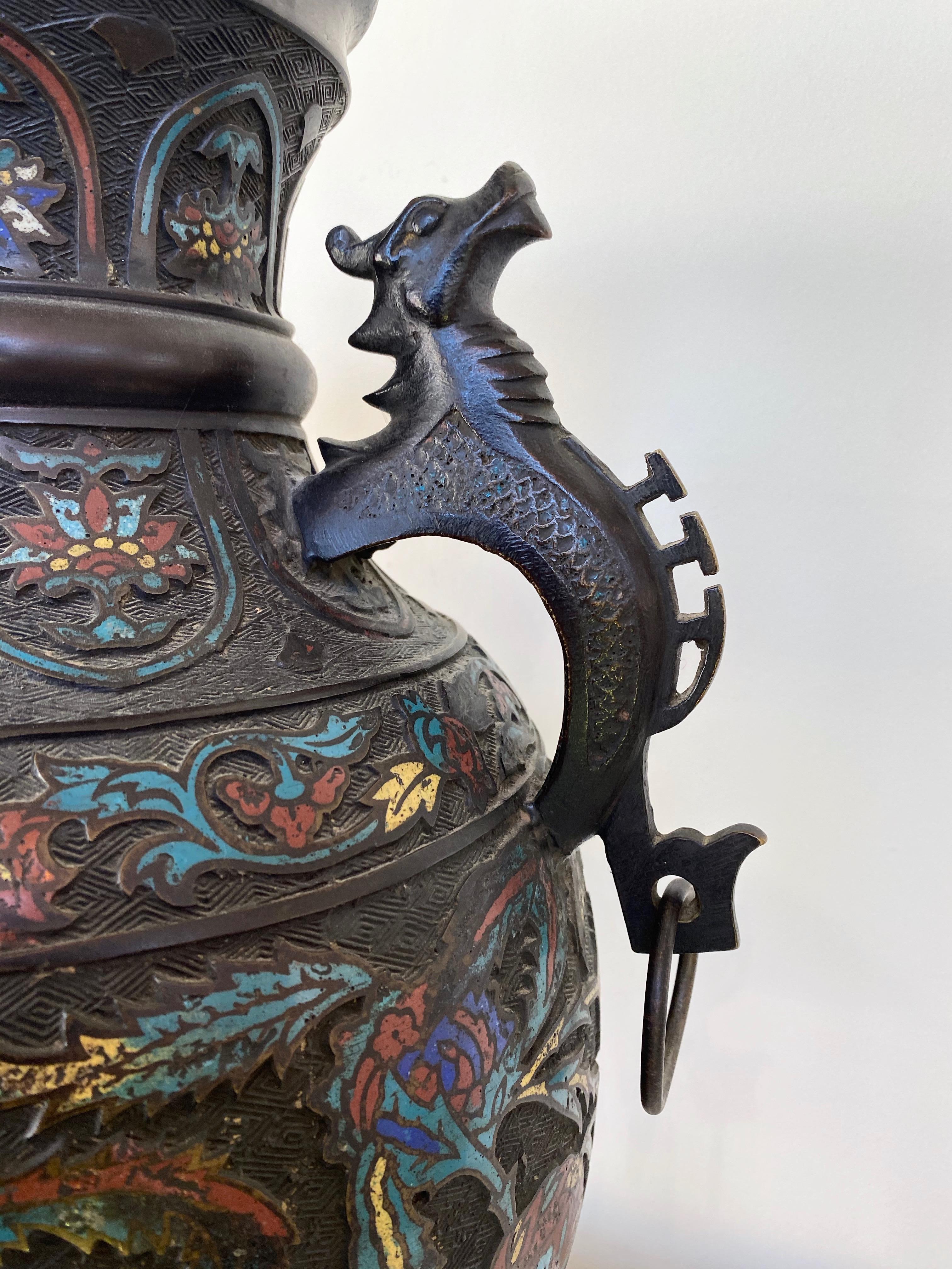 Large Chinese Qing Dynasty Bronze Cloisonné Urn with Dragon Handles, 19th C. 5