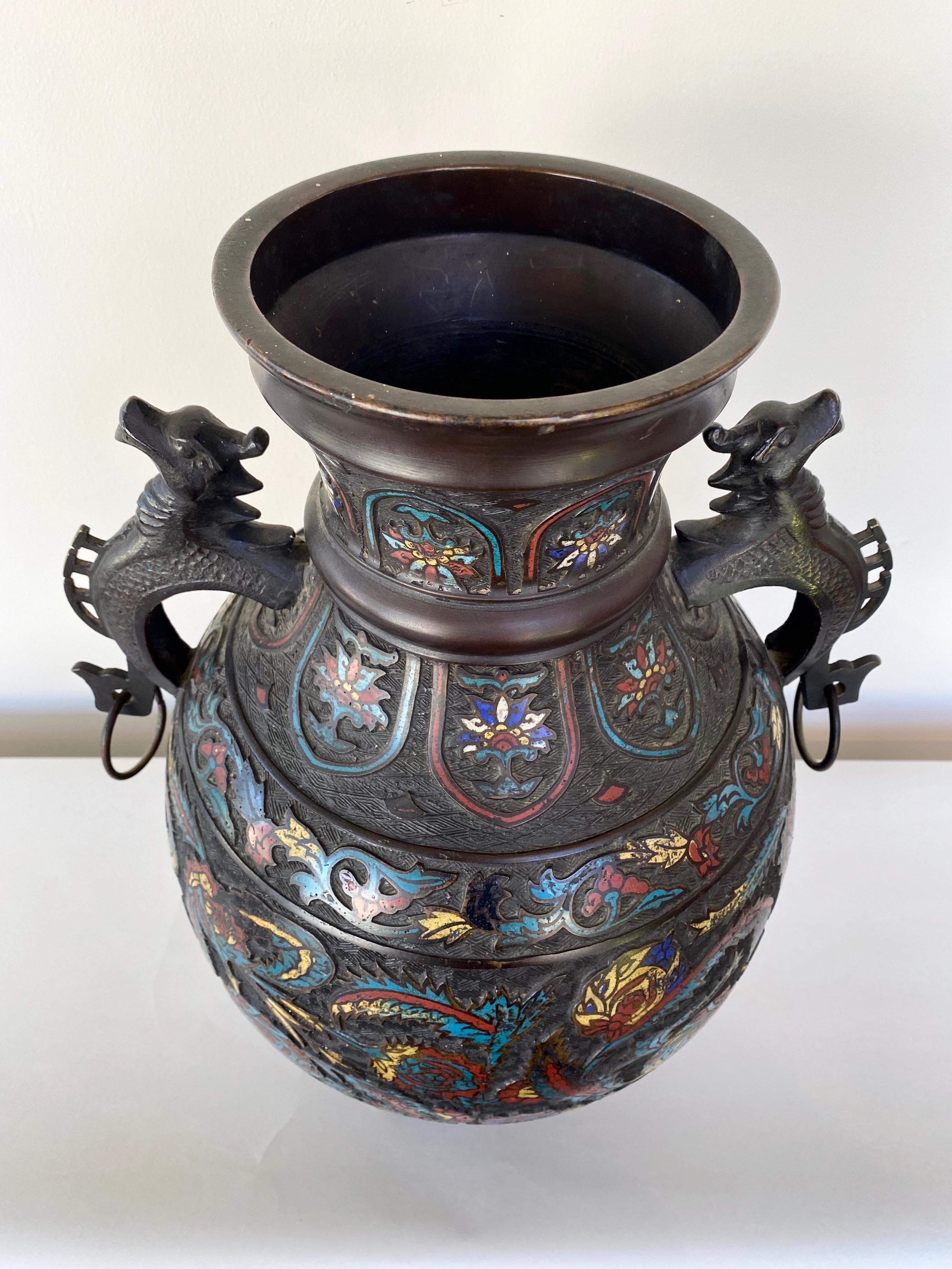 Large Chinese Qing Dynasty Bronze Cloisonné Urn with Dragon Handles, 19th C. 7