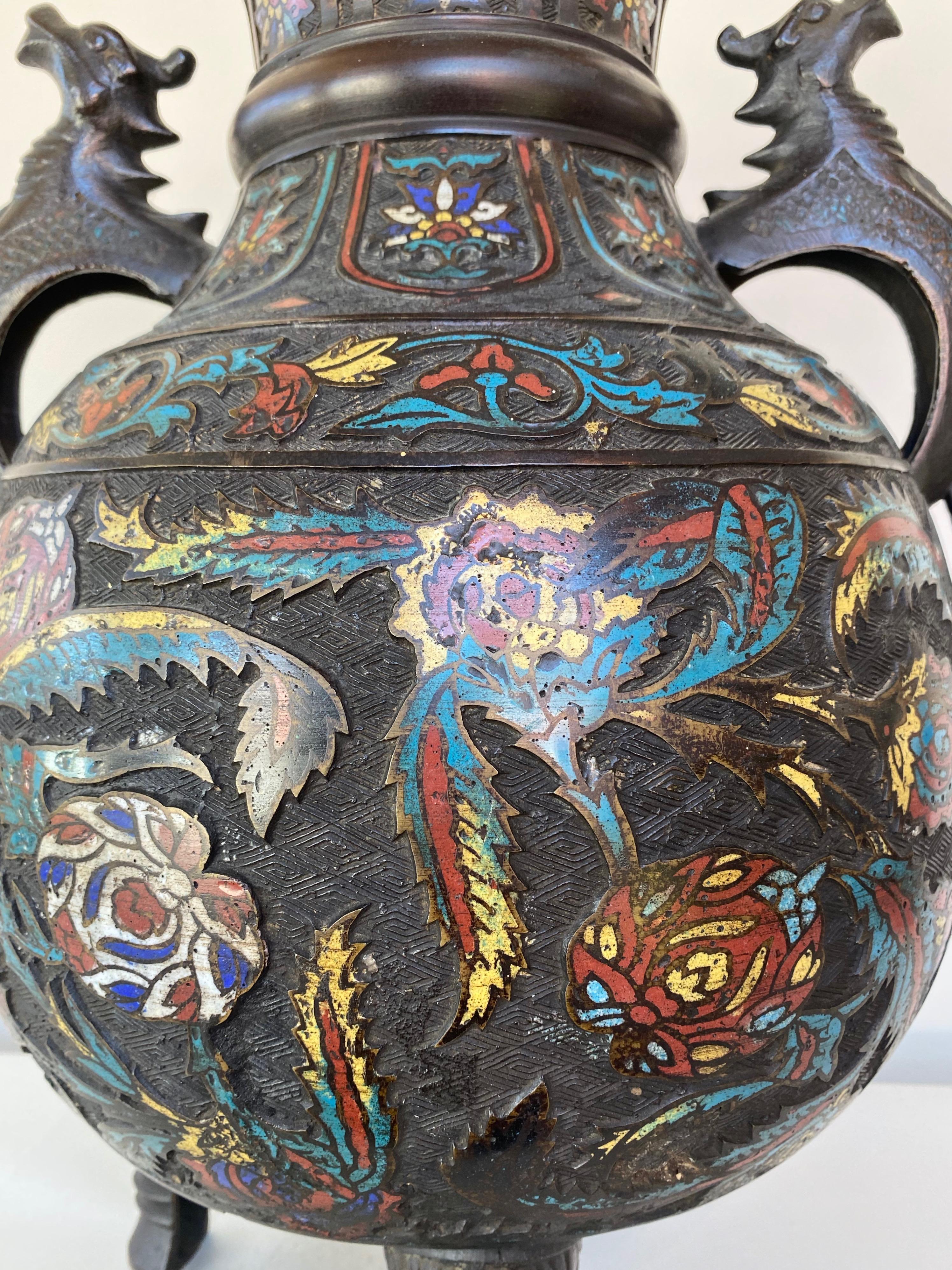 Large Chinese Qing Dynasty Bronze Cloisonné Urn with Dragon Handles, 19th C. 8