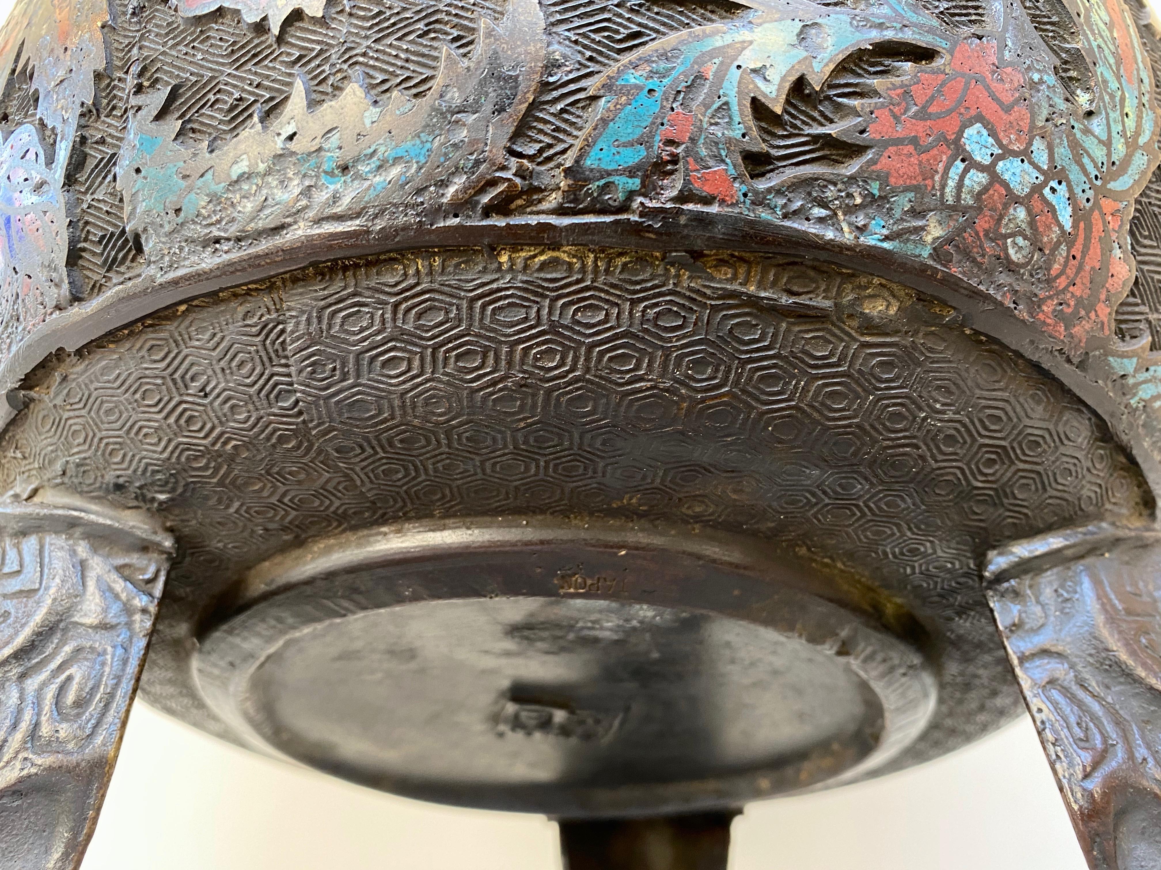 Large Chinese Qing Dynasty Bronze Cloisonné Urn with Dragon Handles, 19th C. 11