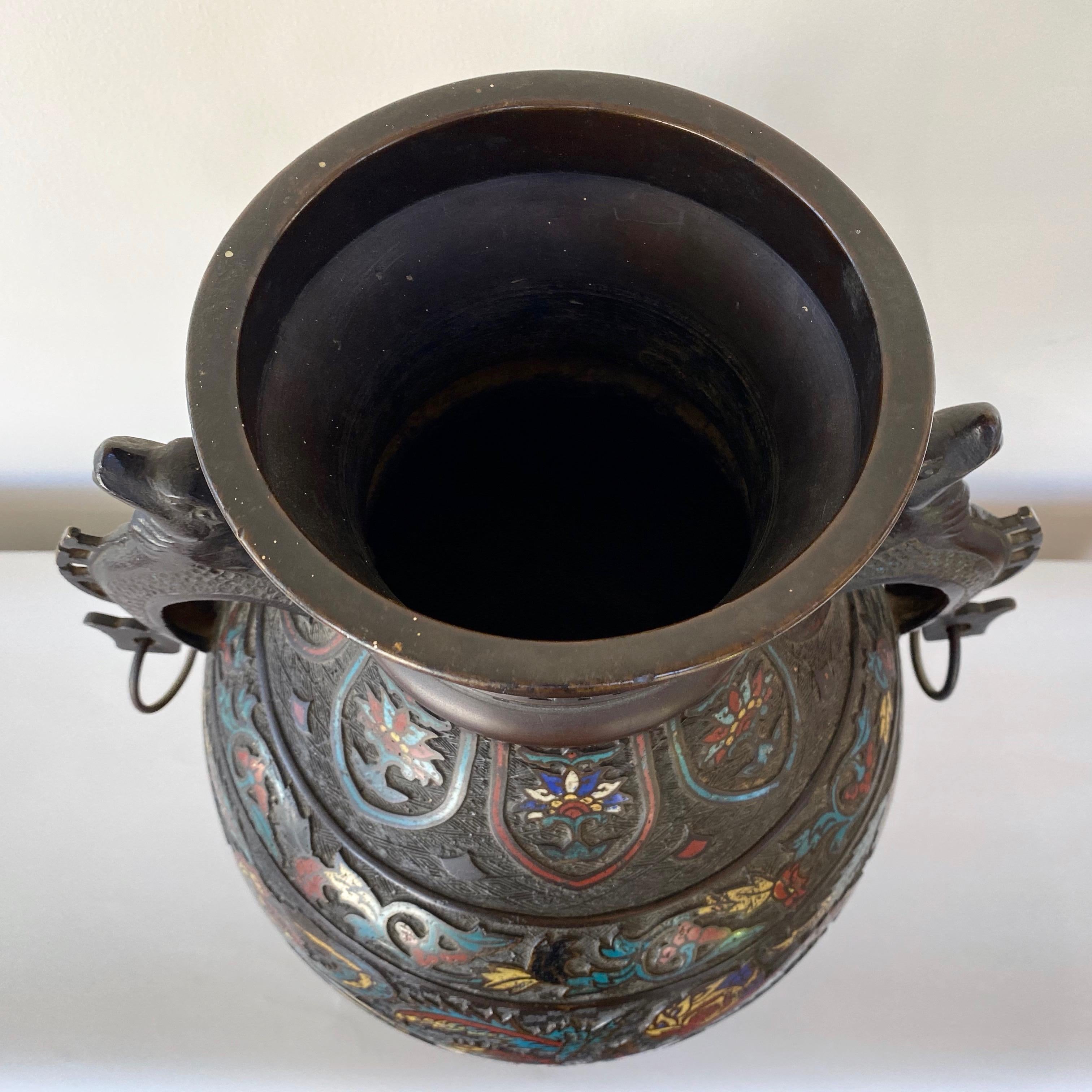 Large Chinese Qing Dynasty Bronze Cloisonné Urn with Dragon Handles, 19th C. 14