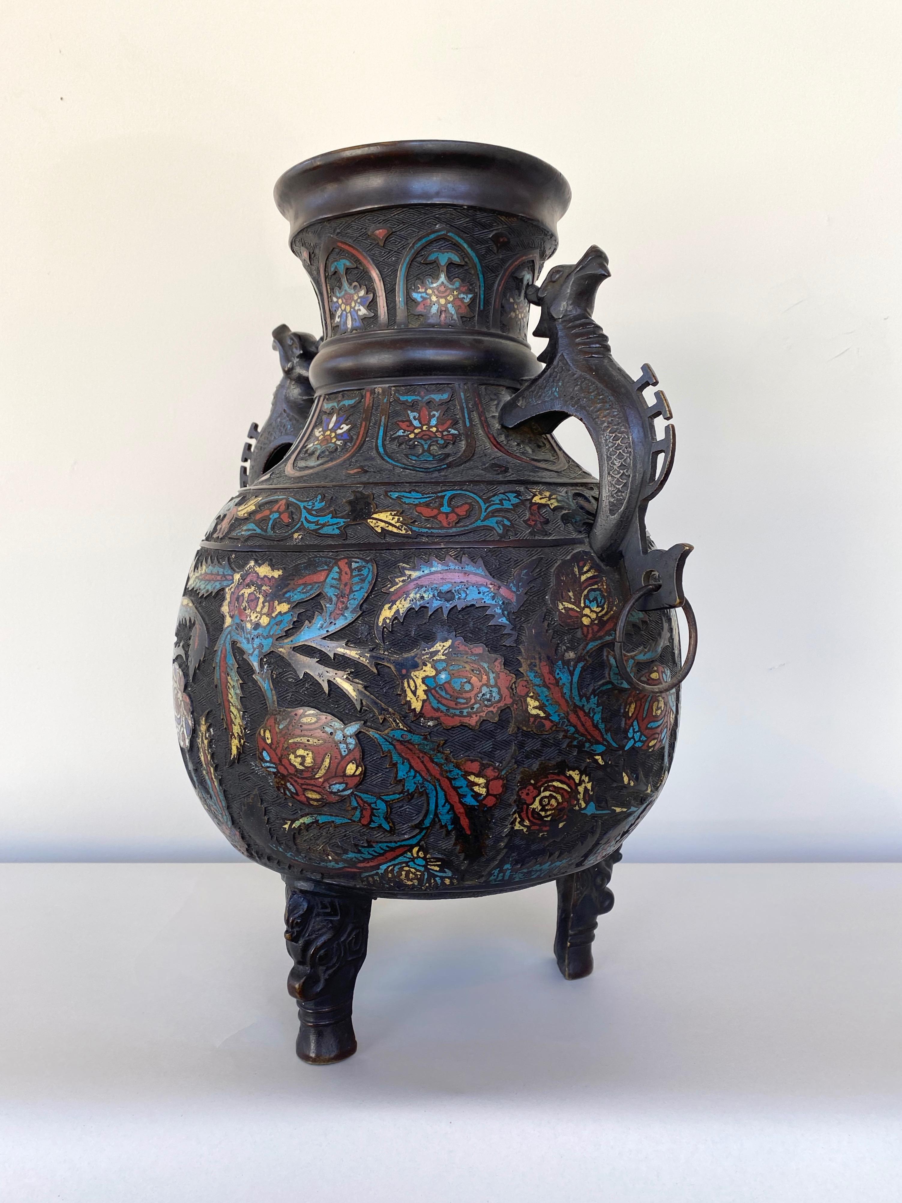 Cast Large Chinese Qing Dynasty Bronze Cloisonné Urn with Dragon Handles, 19th C.