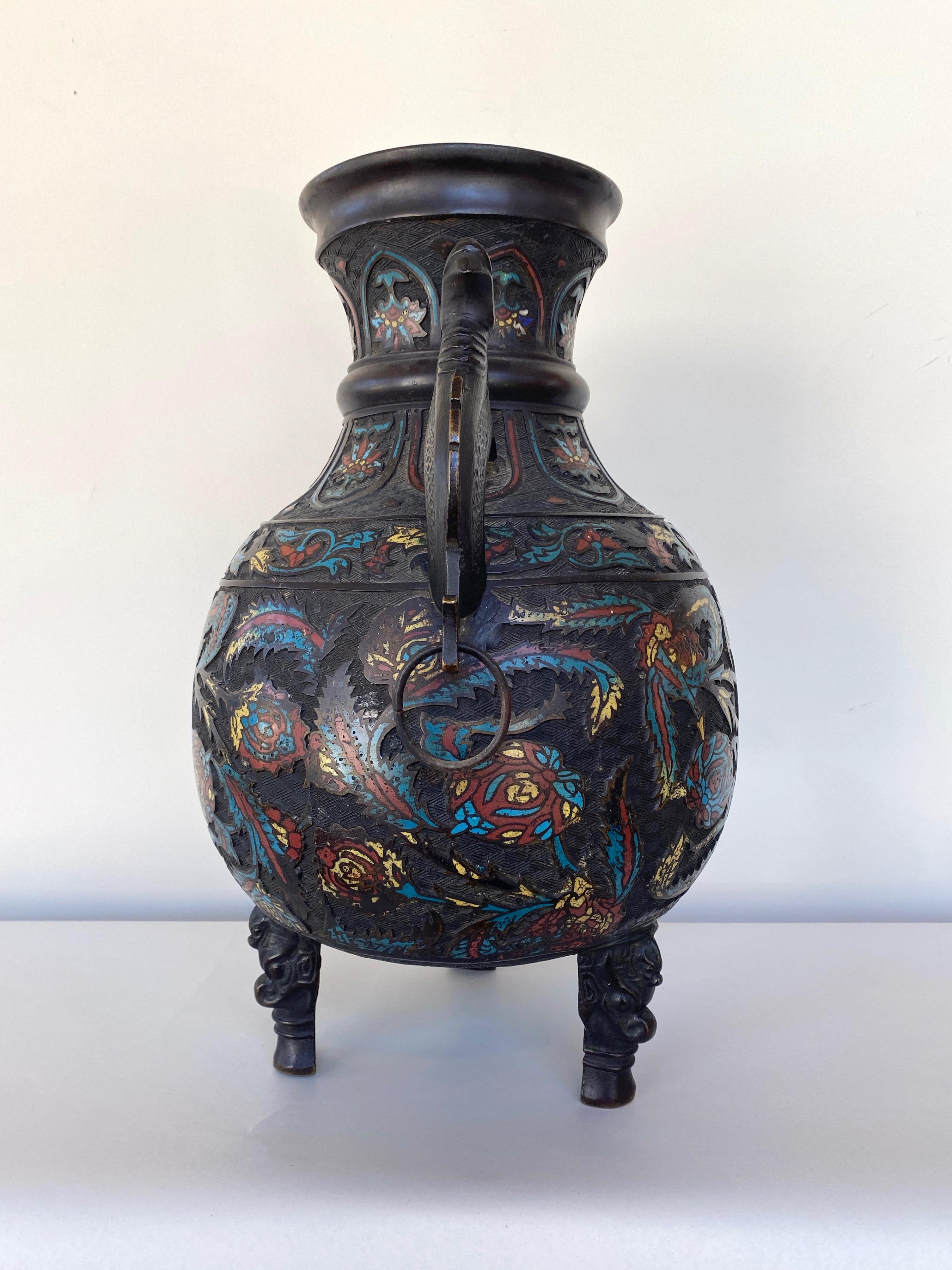 Large Chinese Qing Dynasty Bronze Cloisonné Urn with Dragon Handles, 19th C. In Good Condition In San Francisco, CA
