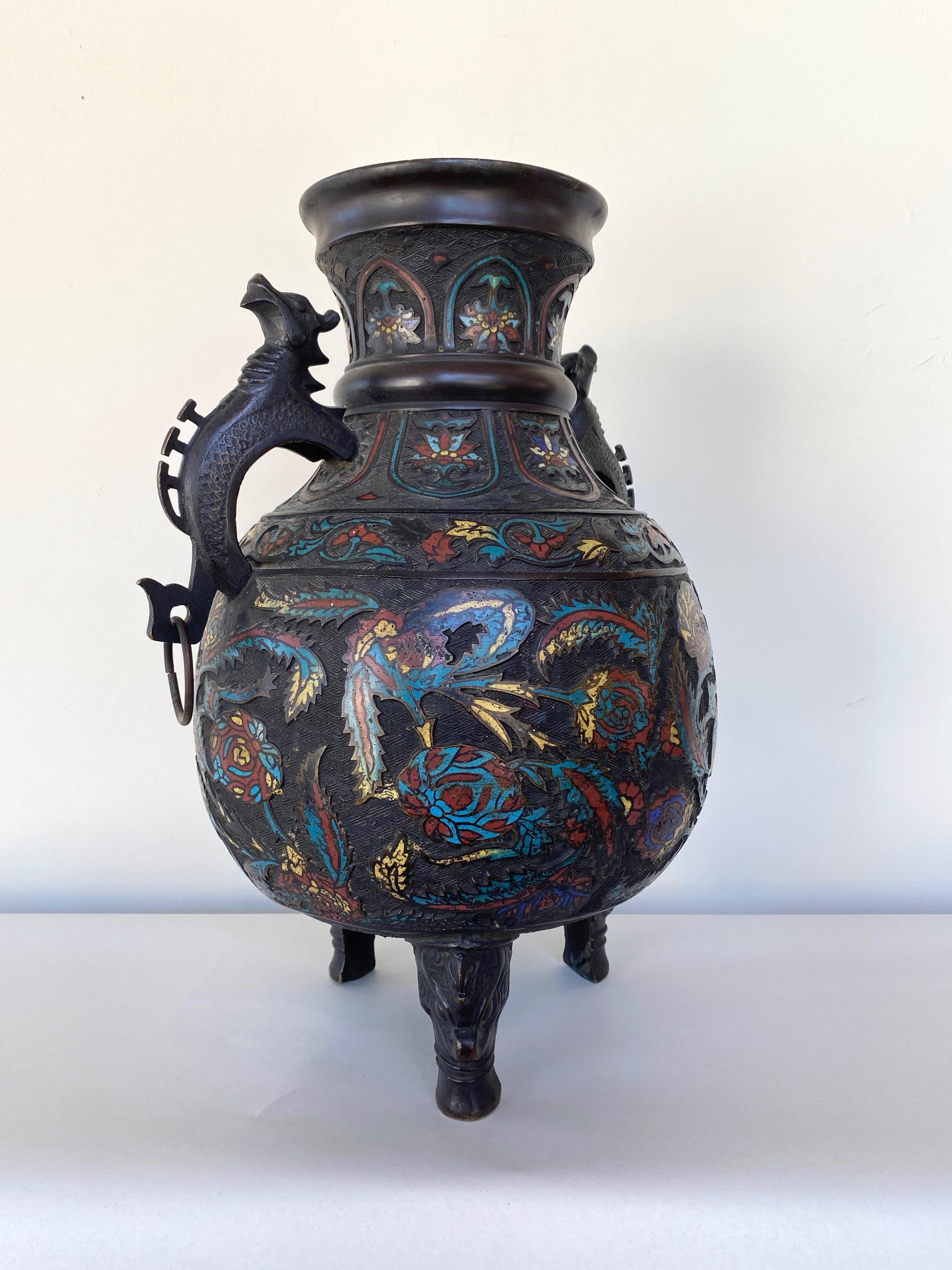 19th Century Large Chinese Qing Dynasty Bronze Cloisonné Urn with Dragon Handles, 19th C.
