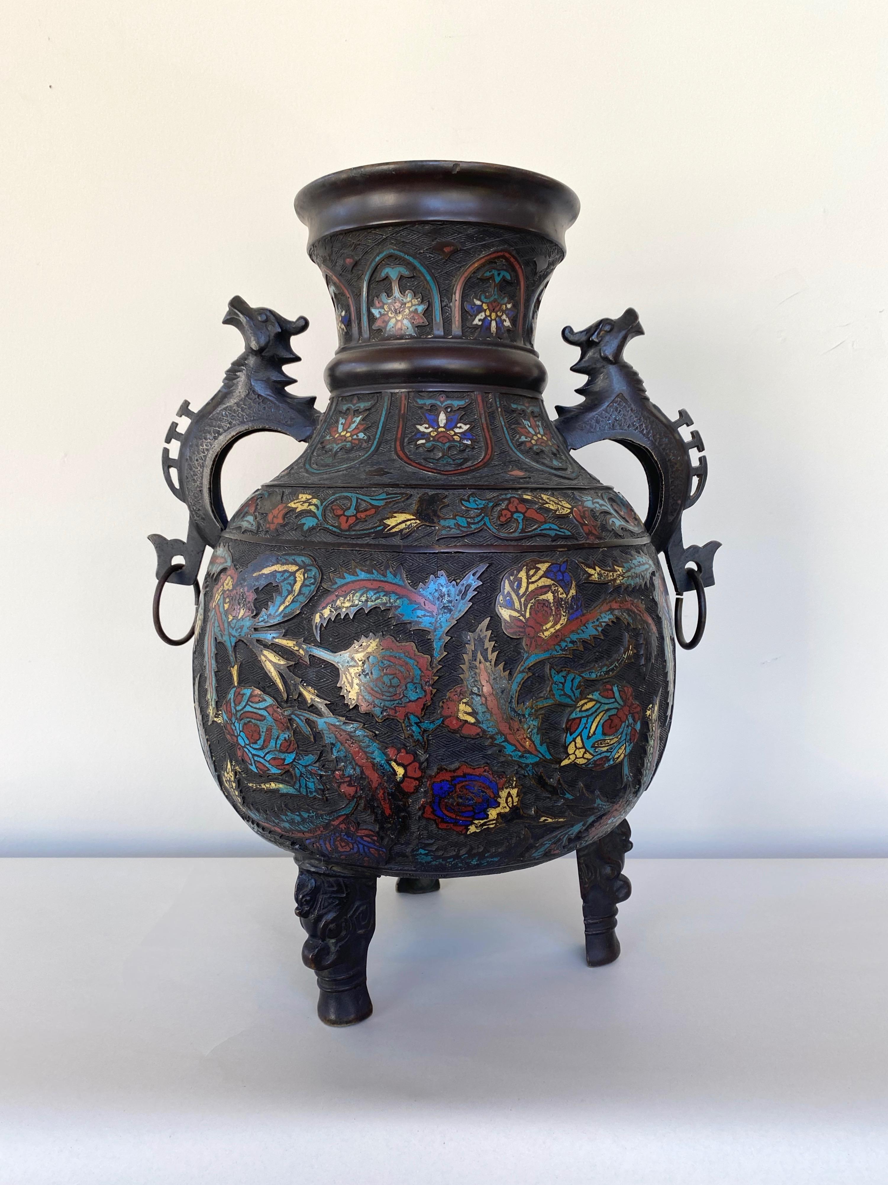 Large Chinese Qing Dynasty Bronze Cloisonné Urn with Dragon Handles, 19th C. 1