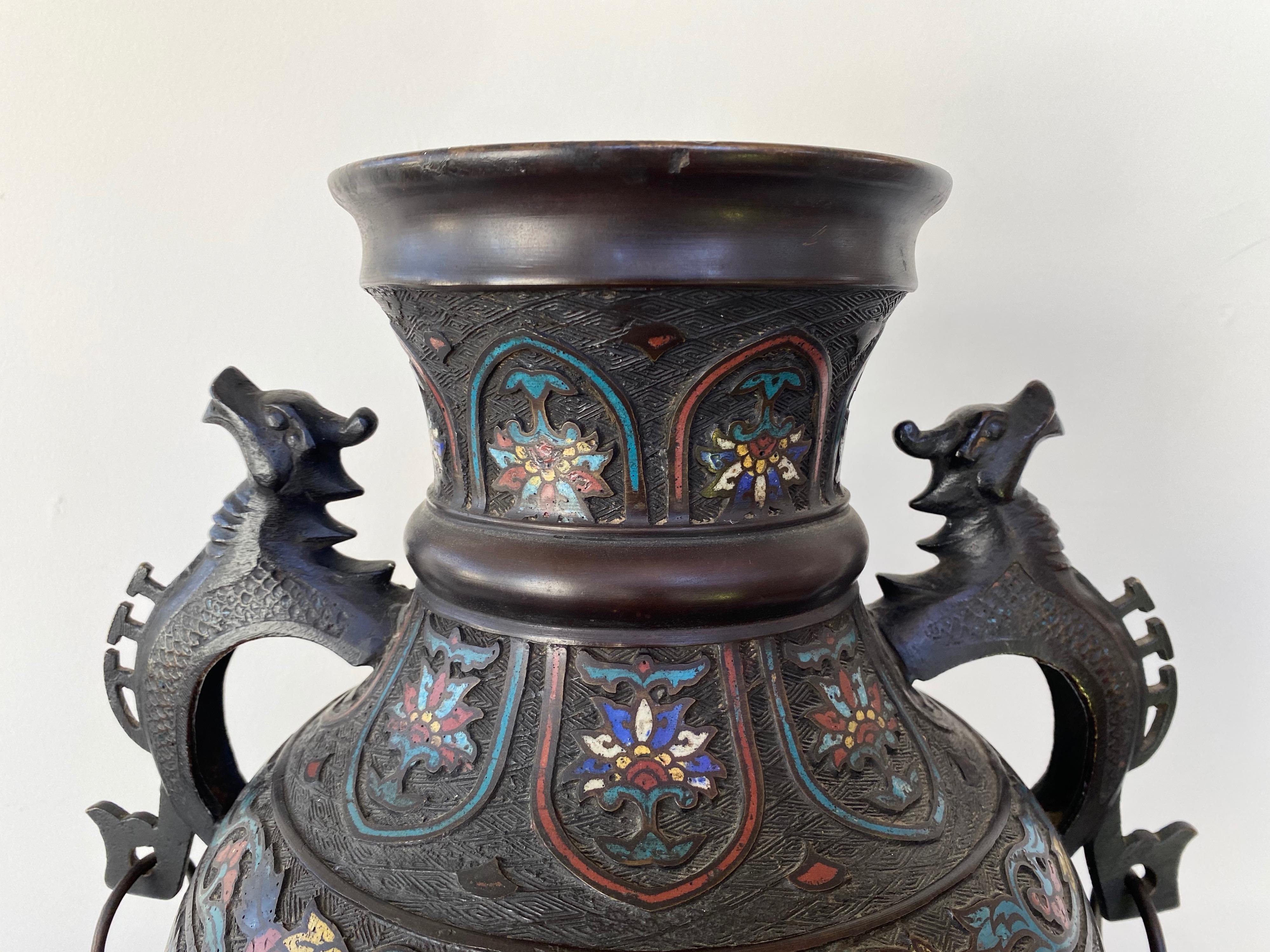 Large Chinese Qing Dynasty Bronze Cloisonné Urn with Dragon Handles, 19th C. 2