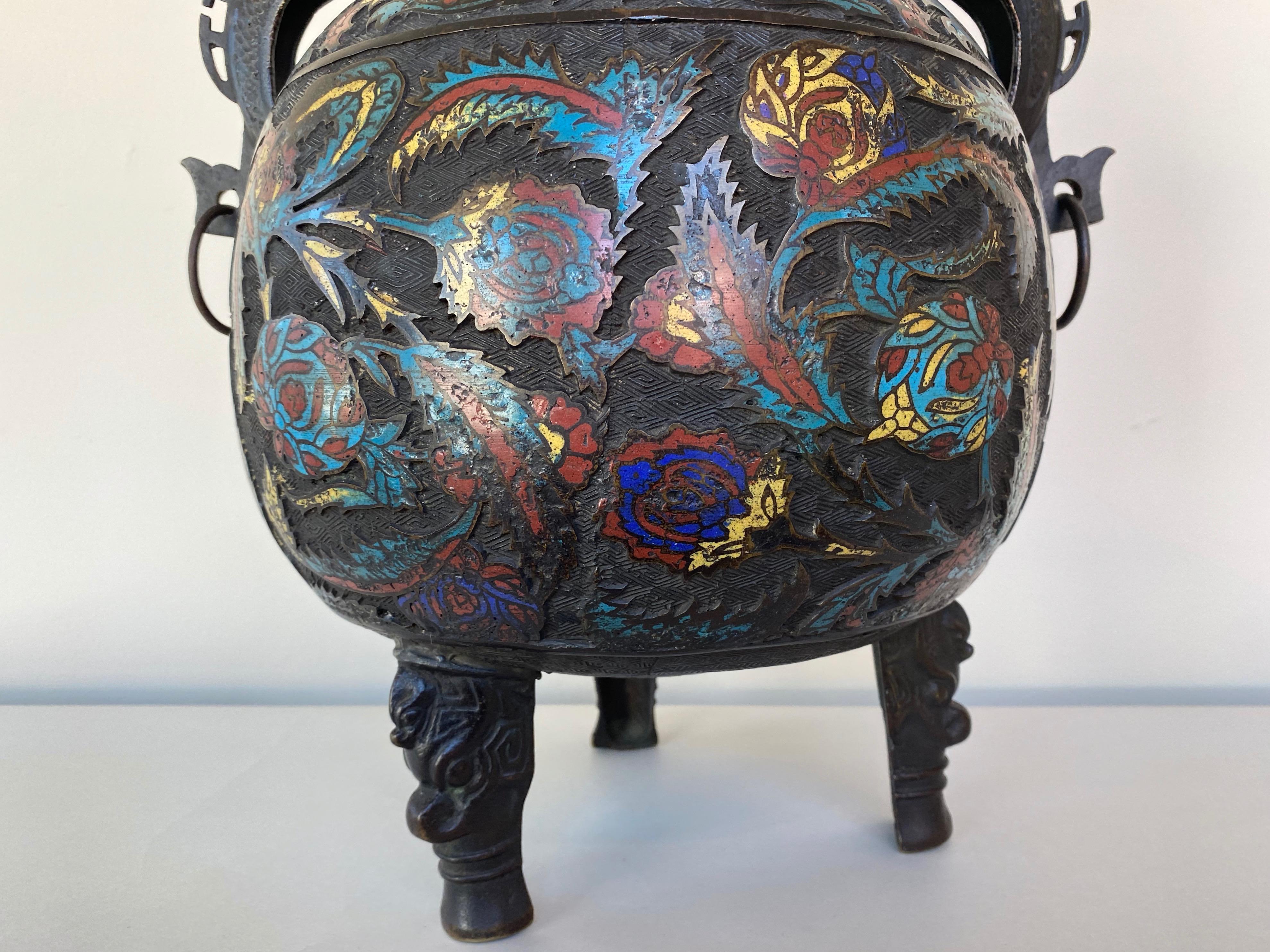 Large Chinese Qing Dynasty Bronze Cloisonné Urn with Dragon Handles, 19th C. 3