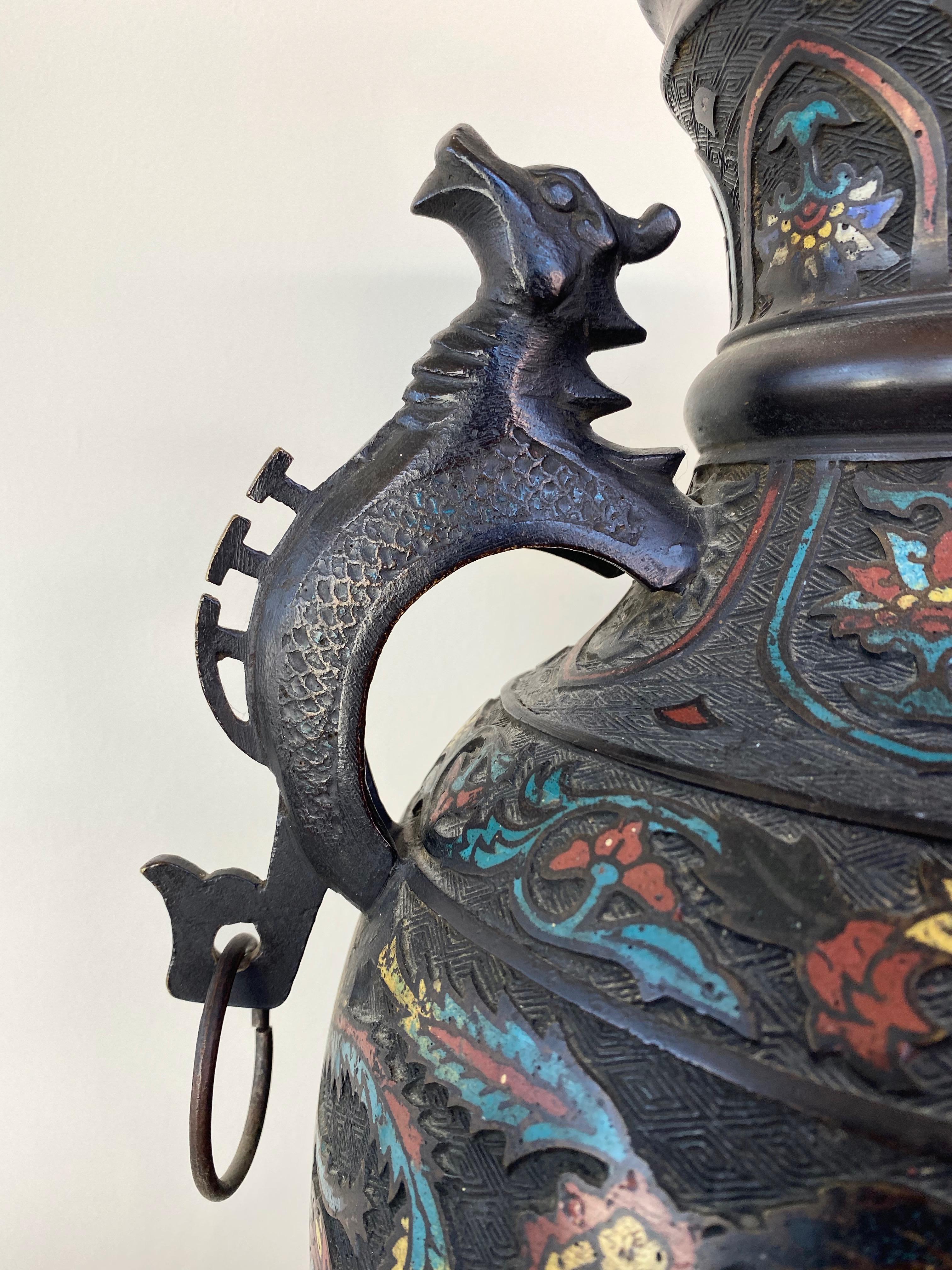 Large Chinese Qing Dynasty Bronze Cloisonné Urn with Dragon Handles, 19th C. 4